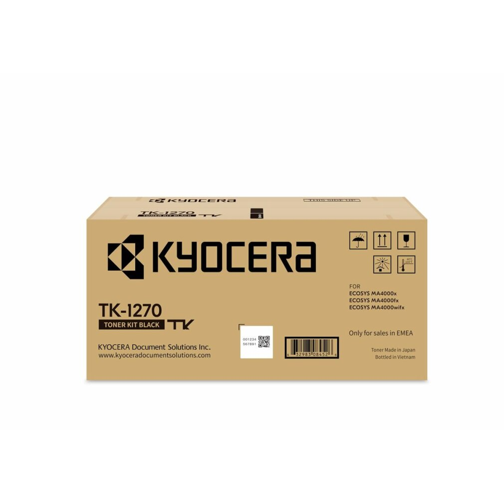 Scatola toner Kyocera TK-1270 con informazioni prodotto e loghi. Fabbricato in Giappone.