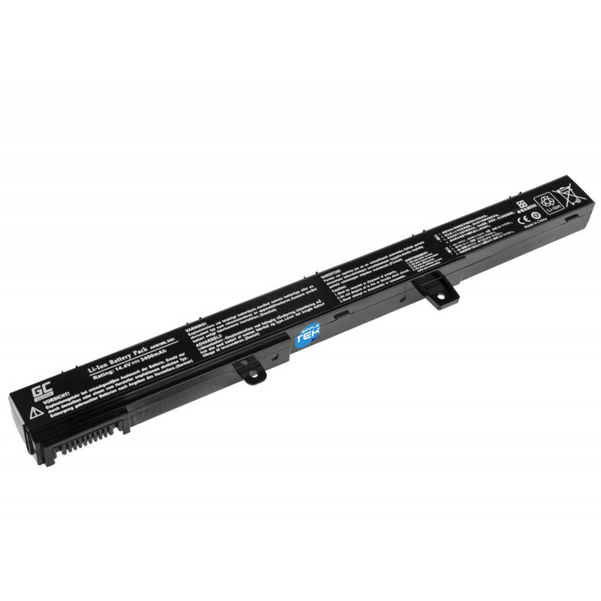 Batteria nera Li-Ion per laptop con etichette di avvertenza e loghi CE, RoHS, Li-ion. Prodotto in Cina.