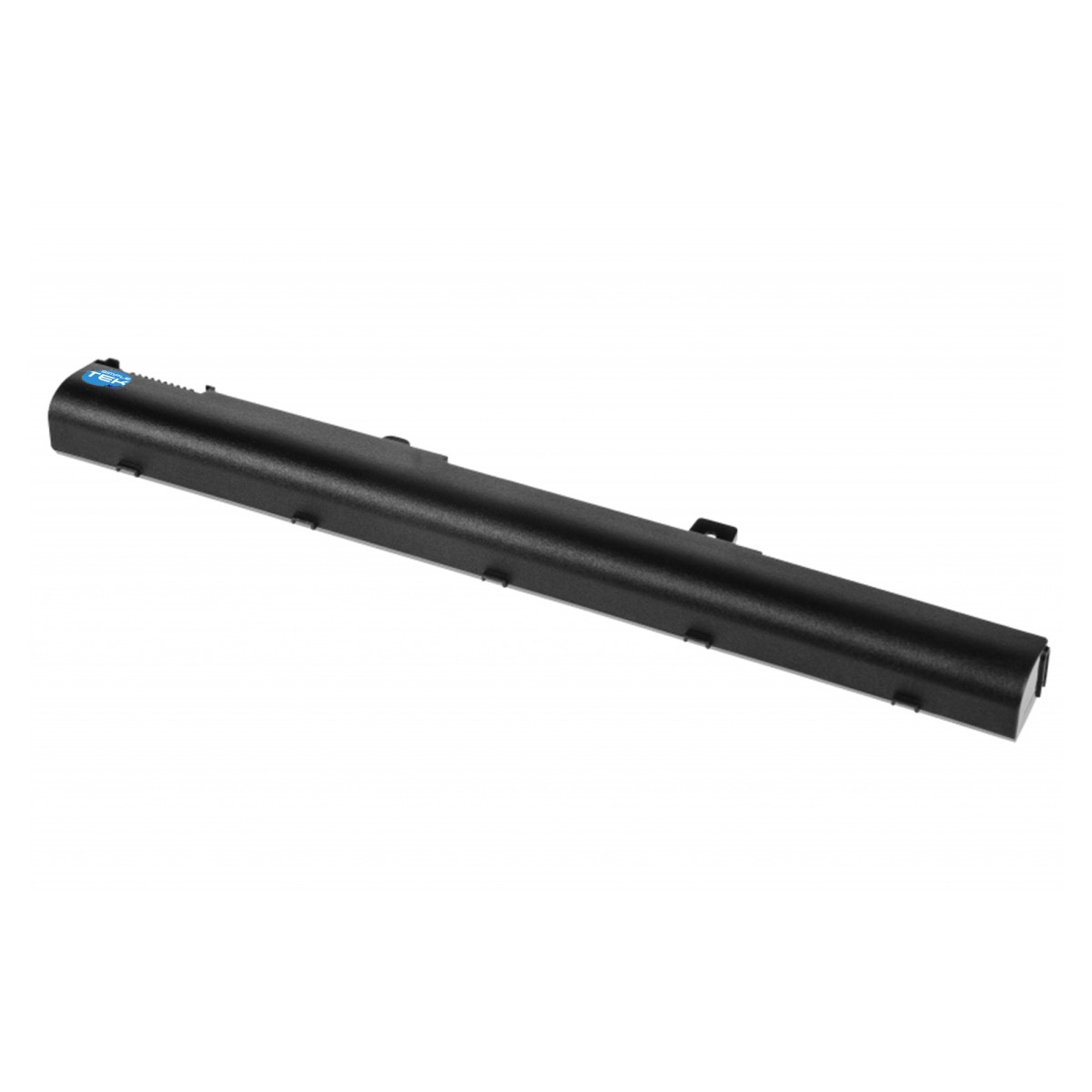 Batteria per laptop nera con logo blu su sfondo bianco.