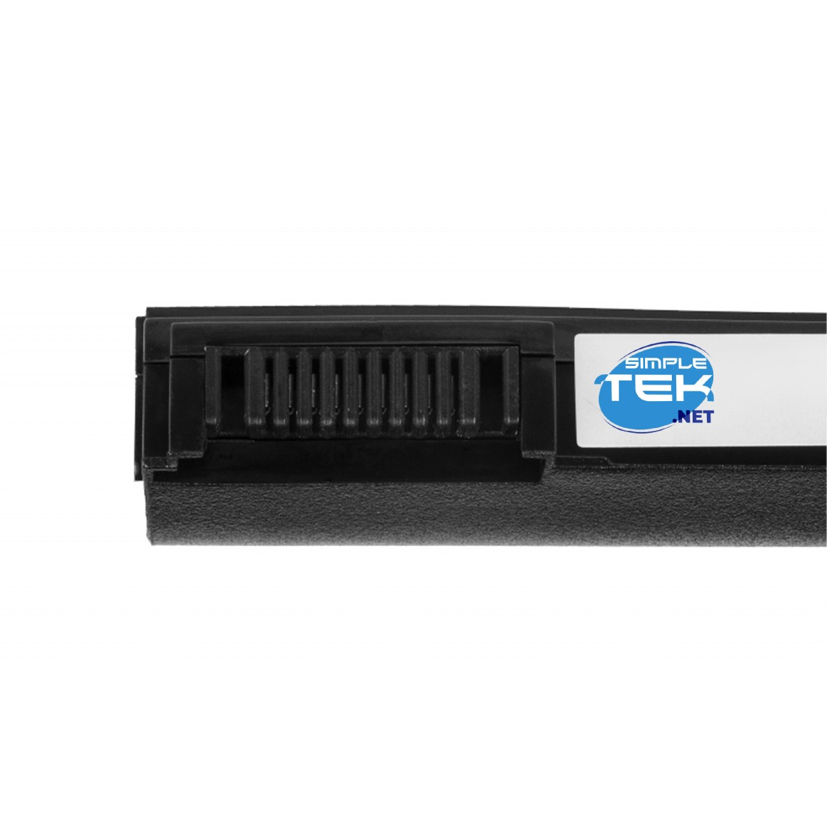 Batteria nera per laptop con etichetta bianca e logo blu e bianco.