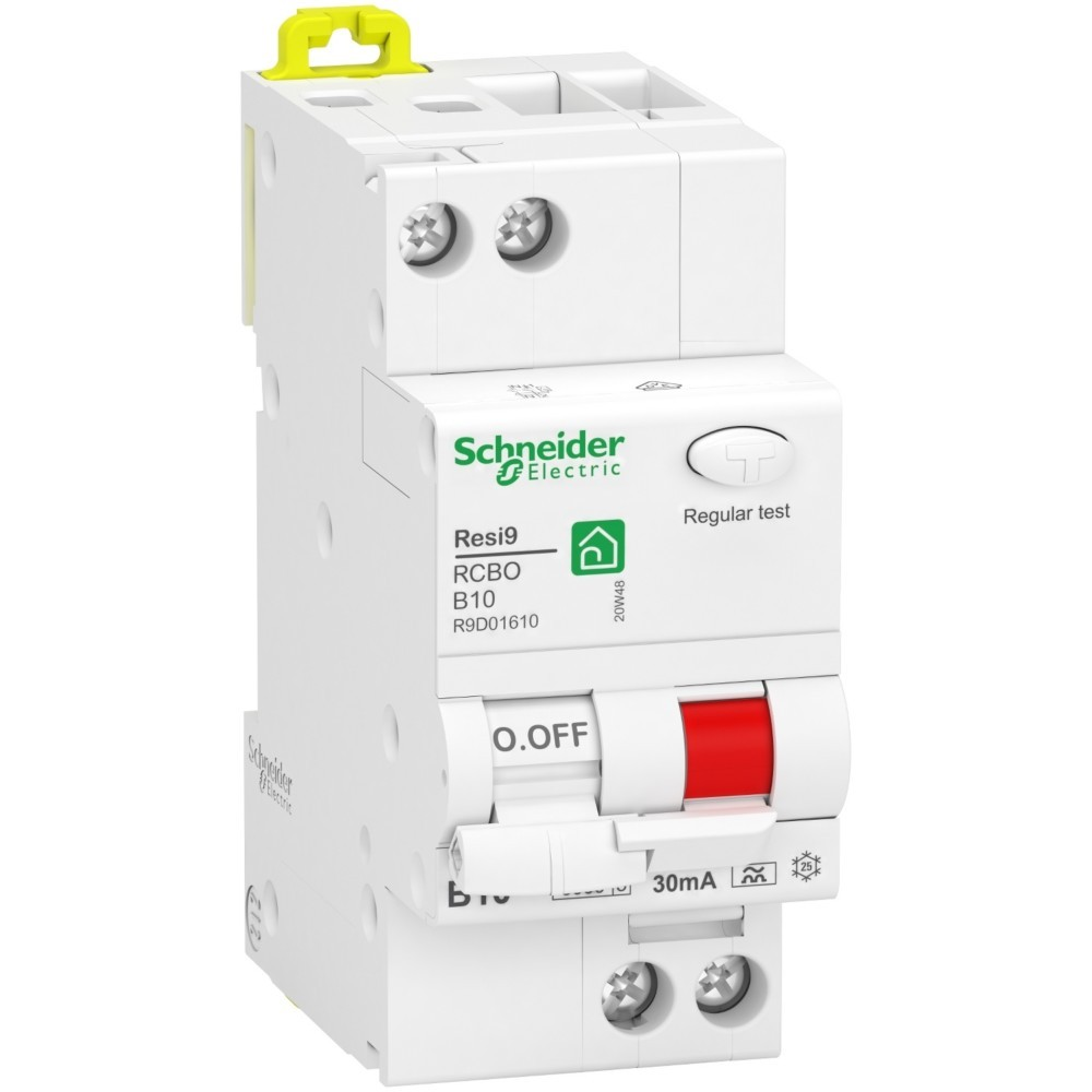 RCBO Schneider Electric bianco con interruttore rosso. Marchiato O.OFF e 30mA.