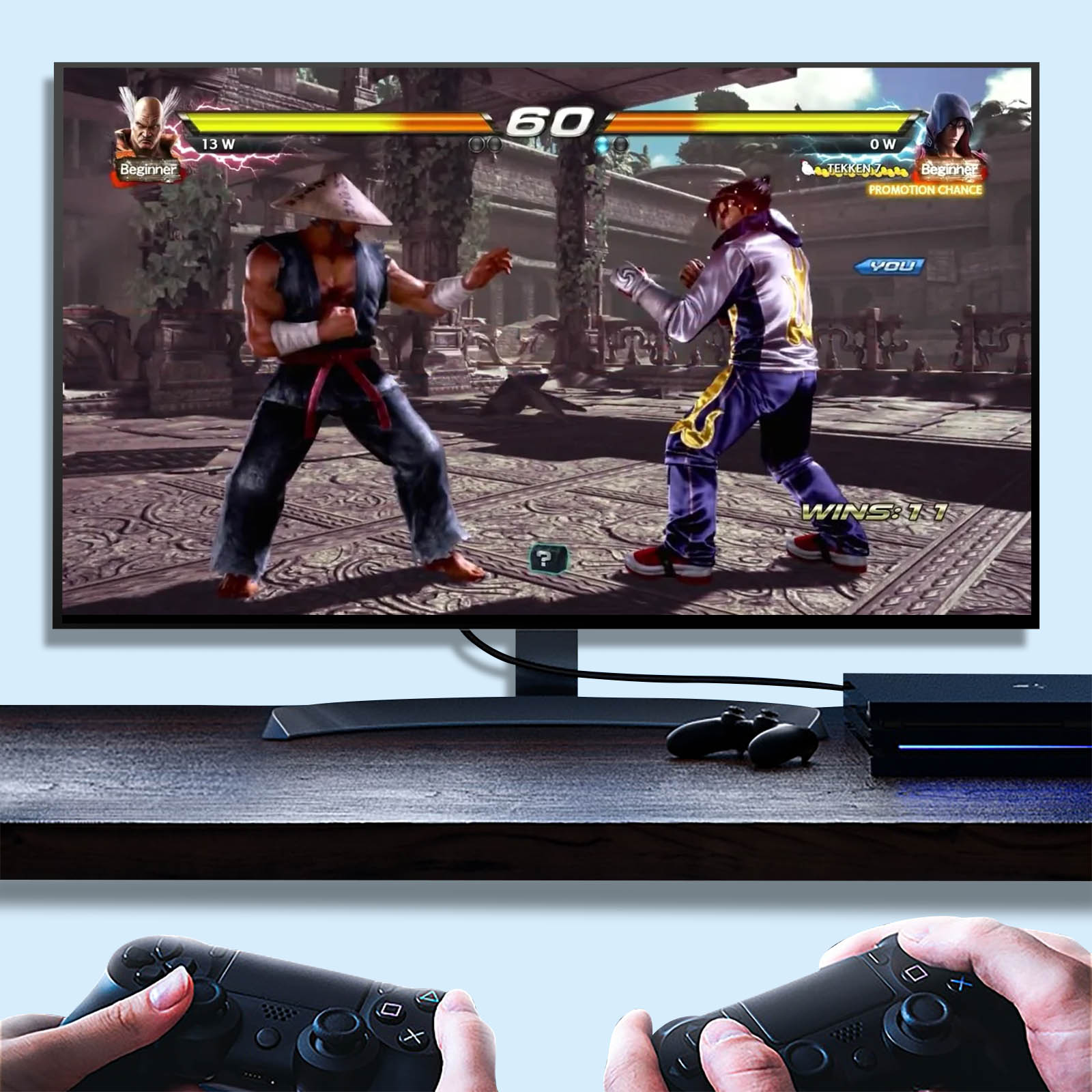 Due combattenti in un videogioco, due controller e una console.