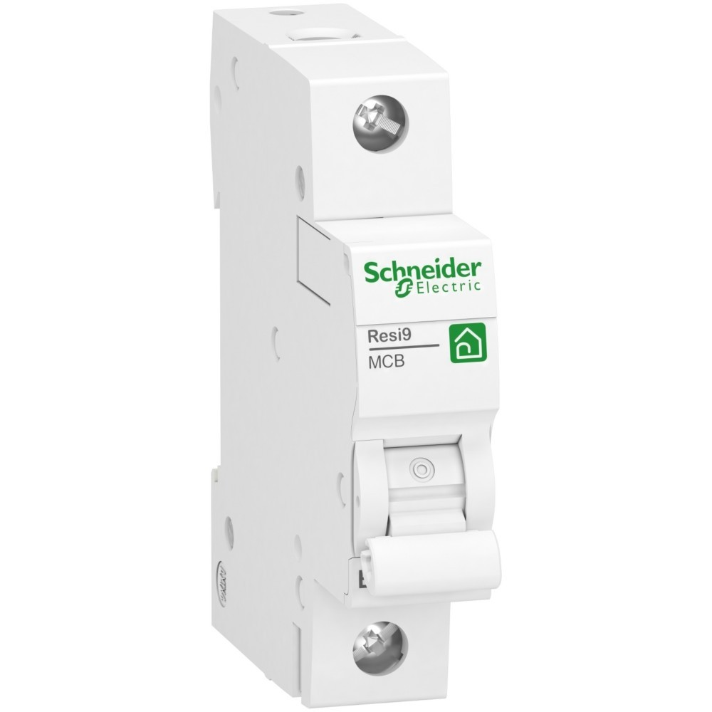 Un interruttore MCB Schneider Electric bianco con marchio verde.