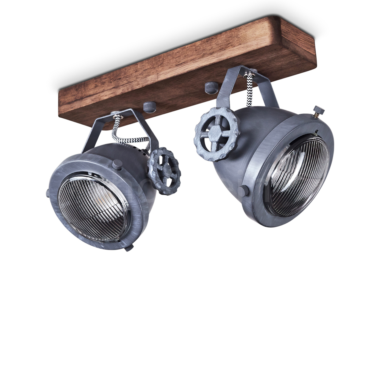 Zwei industrielle Deckenstrahler mit Holzbasis und Metallgehäuse.