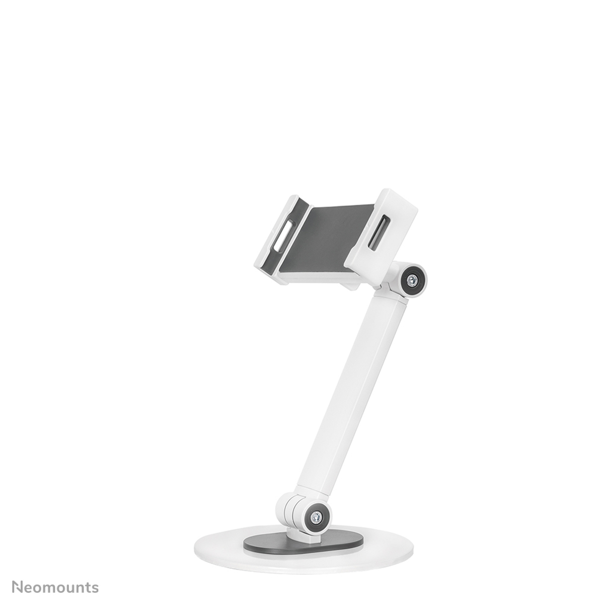 Een witte telefoonhouder met verstelbare arm op een ronde voet.