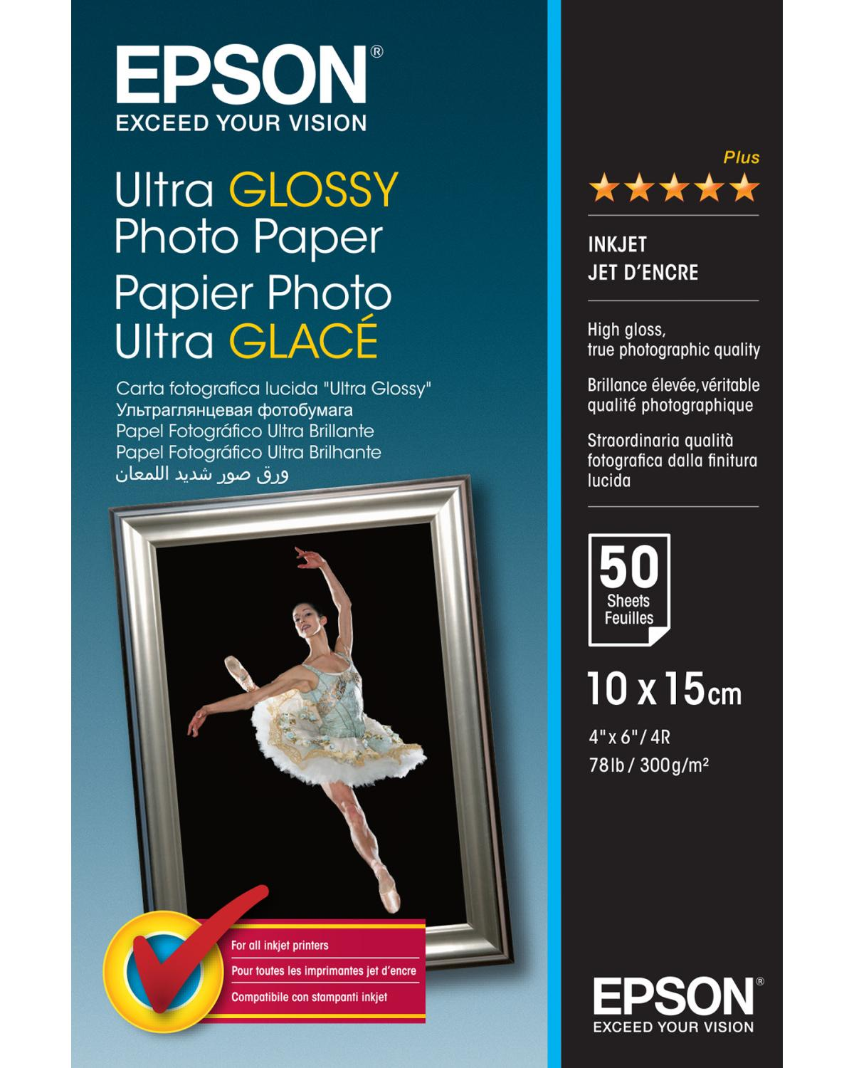 Confezione di Carta Fotografica Epson Ultra Glossy con immagine di ballerina. 50 fogli, 10x15cm.