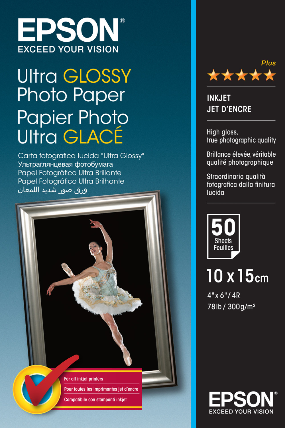 Carta Fotografica Epson Ultra Glossy con immagine ballerina, 10x15cm, 50 fogli.