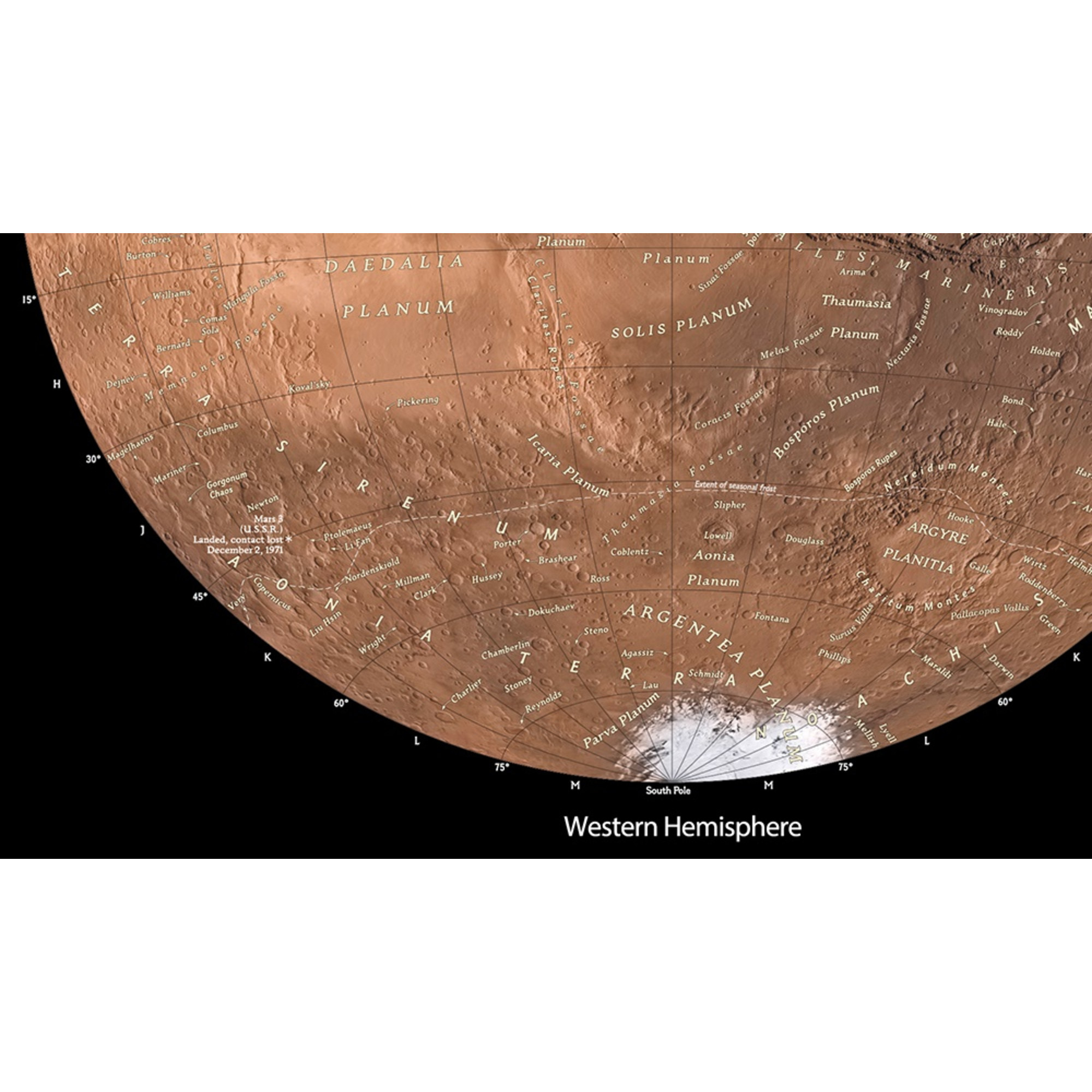 Karte der westlichen Hemisphäre des Mars mit Regionen, Kratern und Längen-/Breitenkreisen.