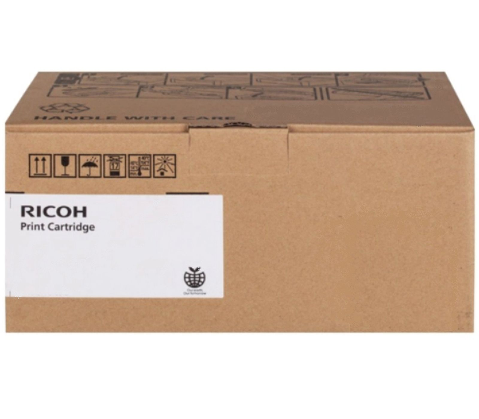 Scatola cartuccia di stampa Ricoh con simboli di movimentazione e logo globale di riciclaggio.