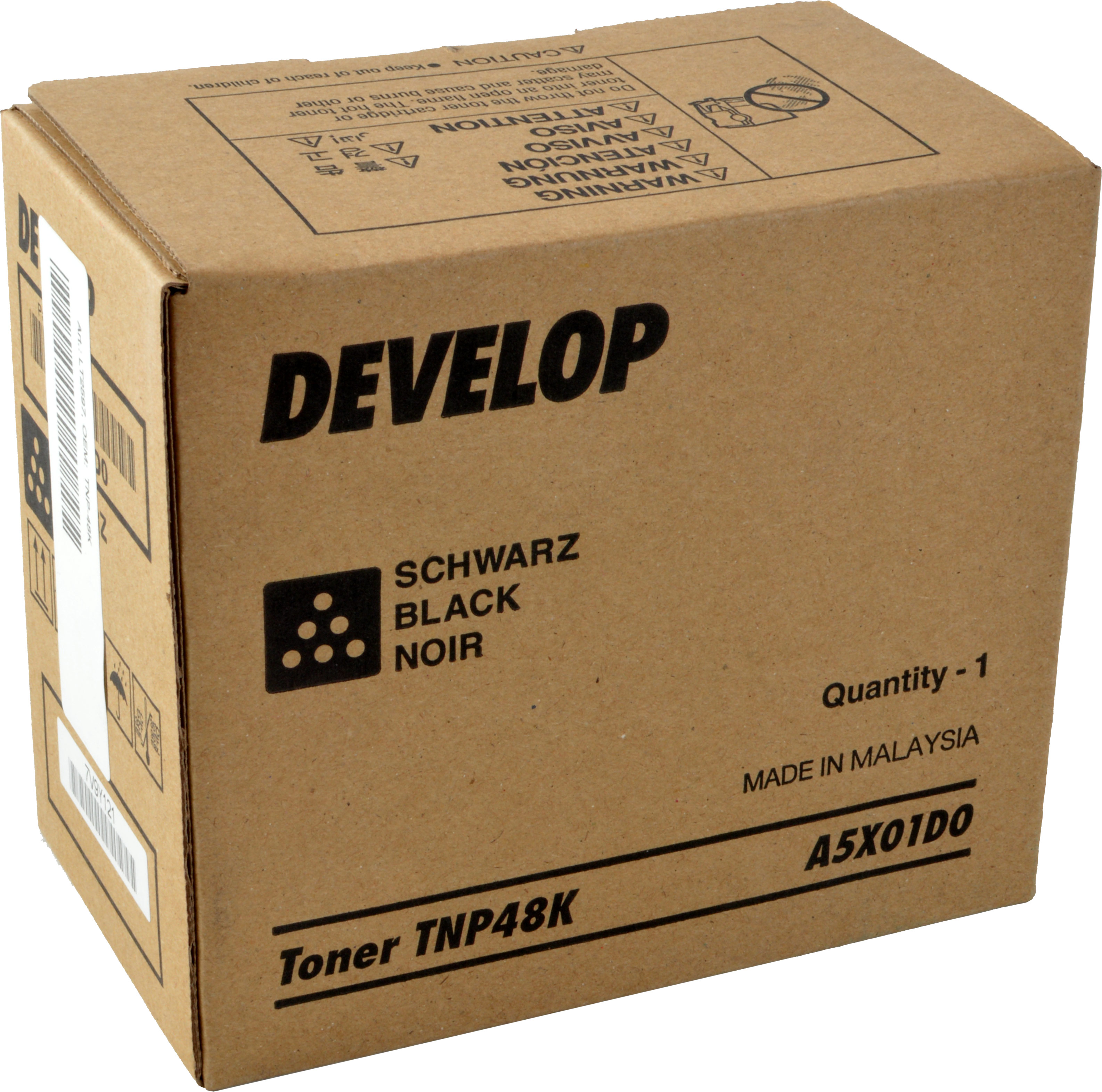 Scatola di cartone marrone con testo DEVELOP, SCHWARZ, BLACK, NOIR, Toner TNP48K.
