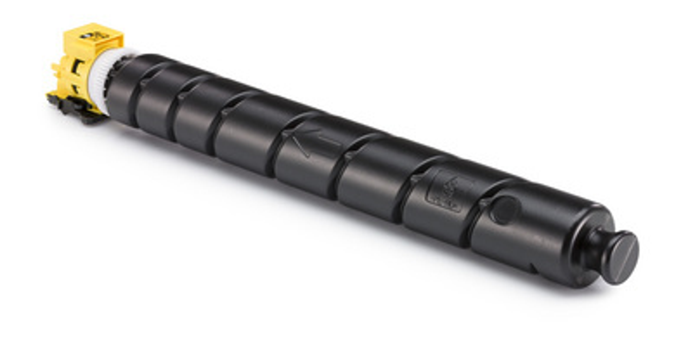 Czarny toner z żółtym złączem na białym tle.