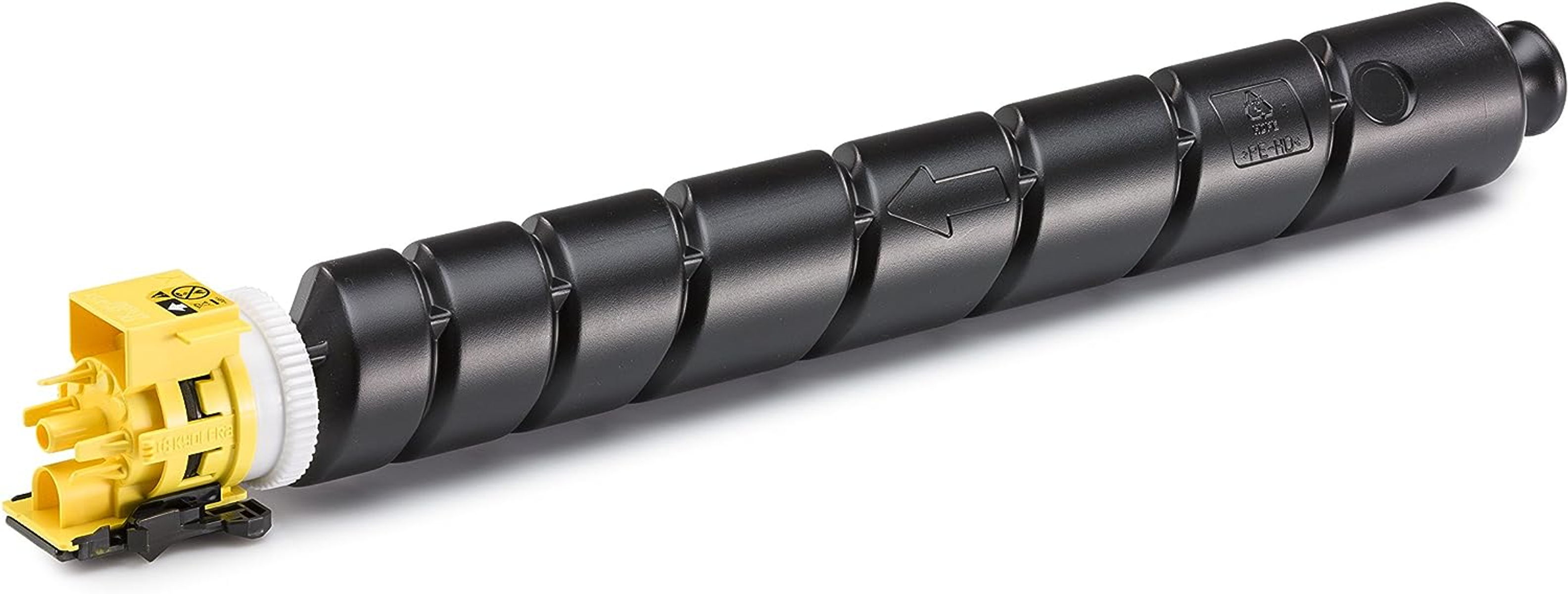 Czarny bęben kartridża z tonerem z żółtym złączem i oznaczeniem strzałki.