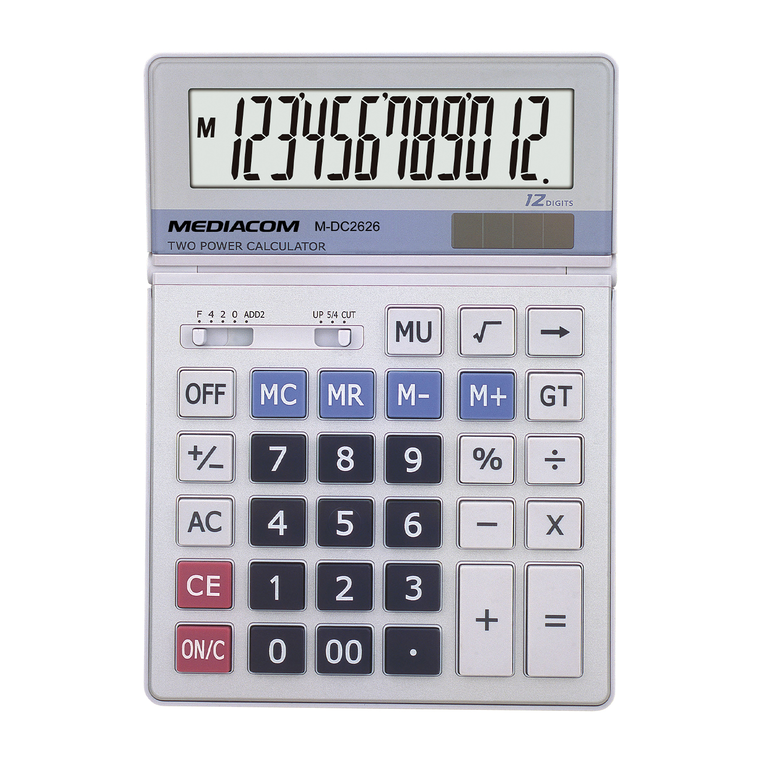 Ein silberner Mediacom M-DC2626 Taschenrechner mit großem Digitaldisplay, das 12 Ziffern anzeigt.
