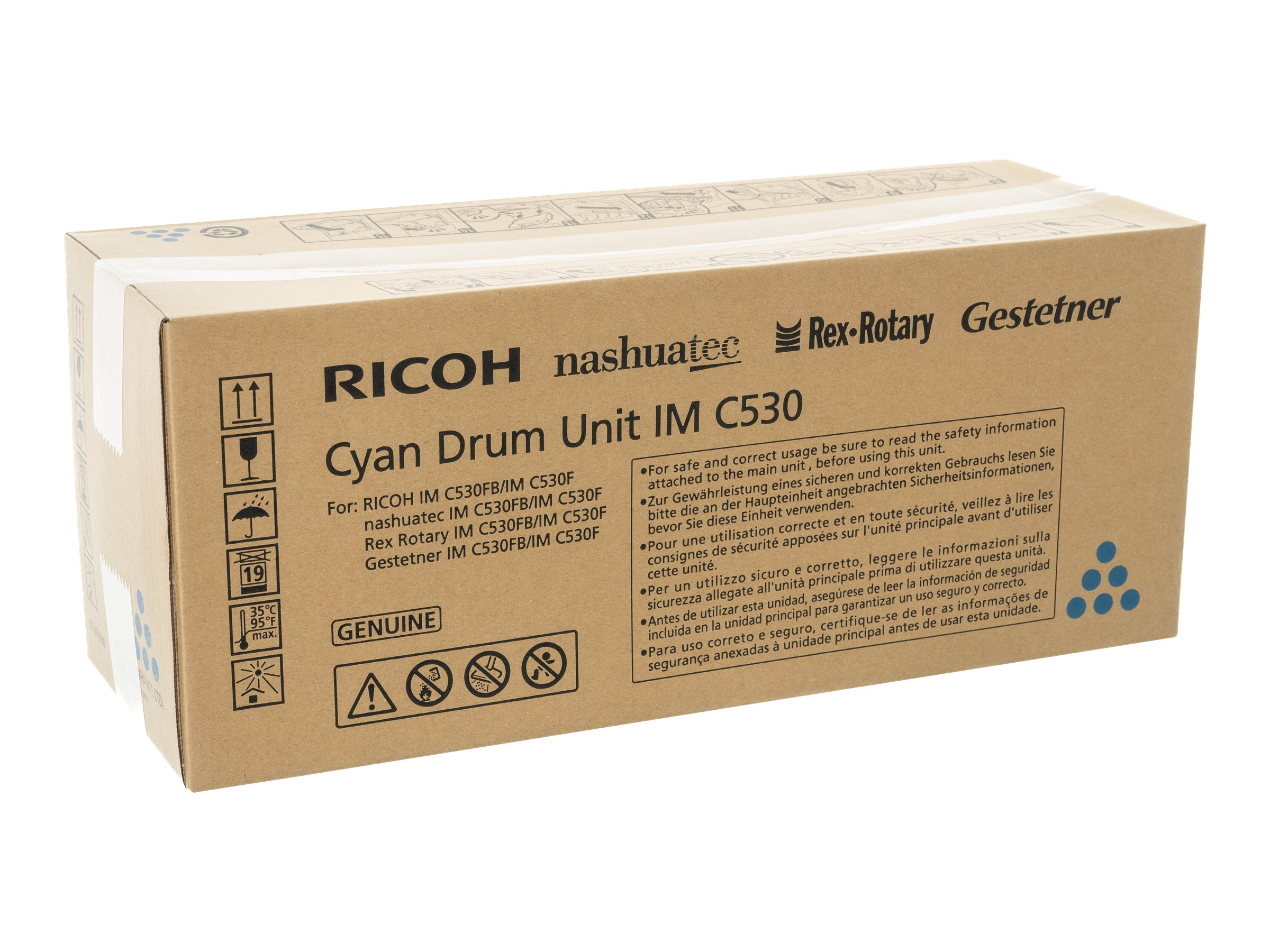 Scatola Ricoh Cyan Drum Unit IM C530 con simboli di sicurezza e nomi di marchi.