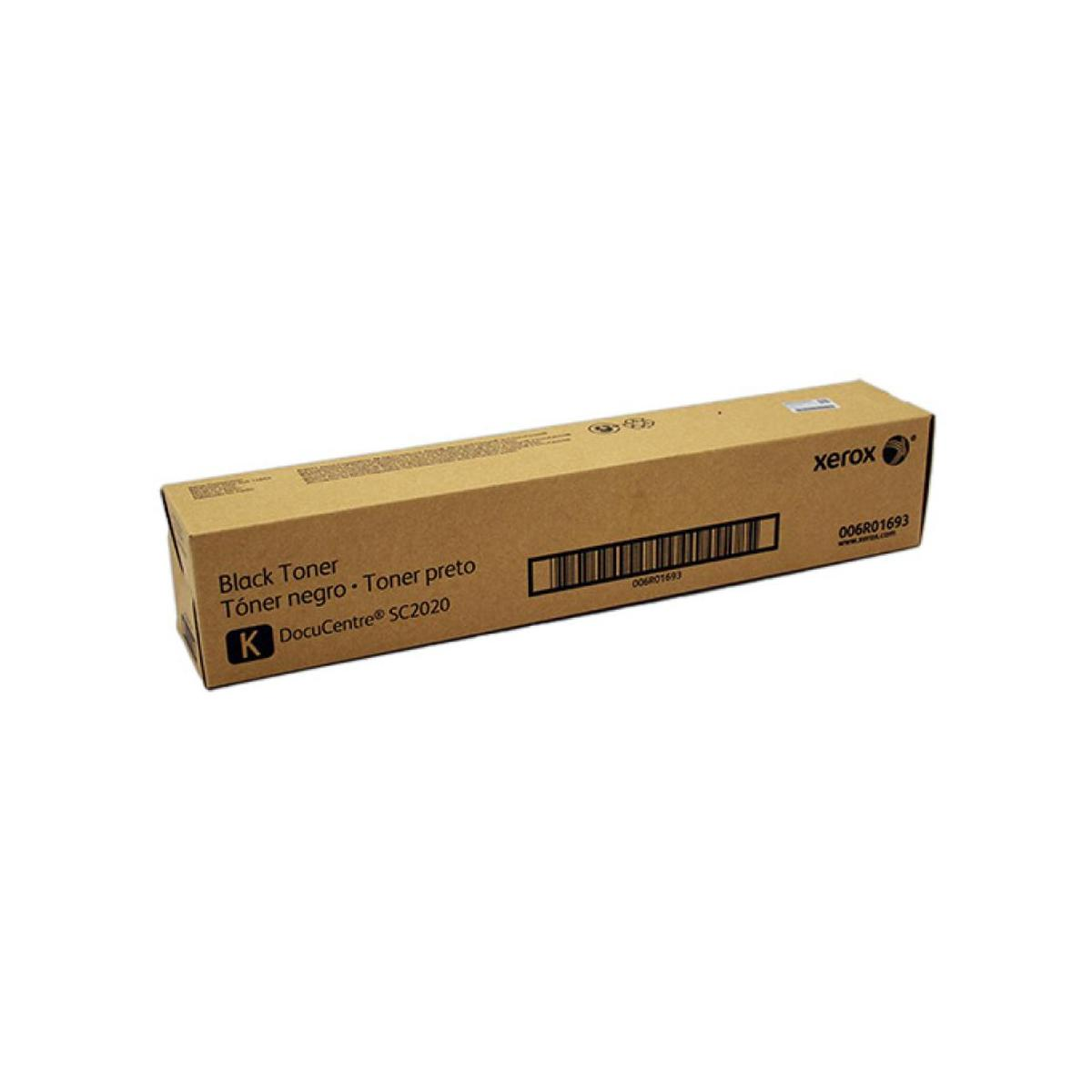 Una scatola di cartone marrone per toner nero Xerox, etichettata DOKUCentre SC2020.