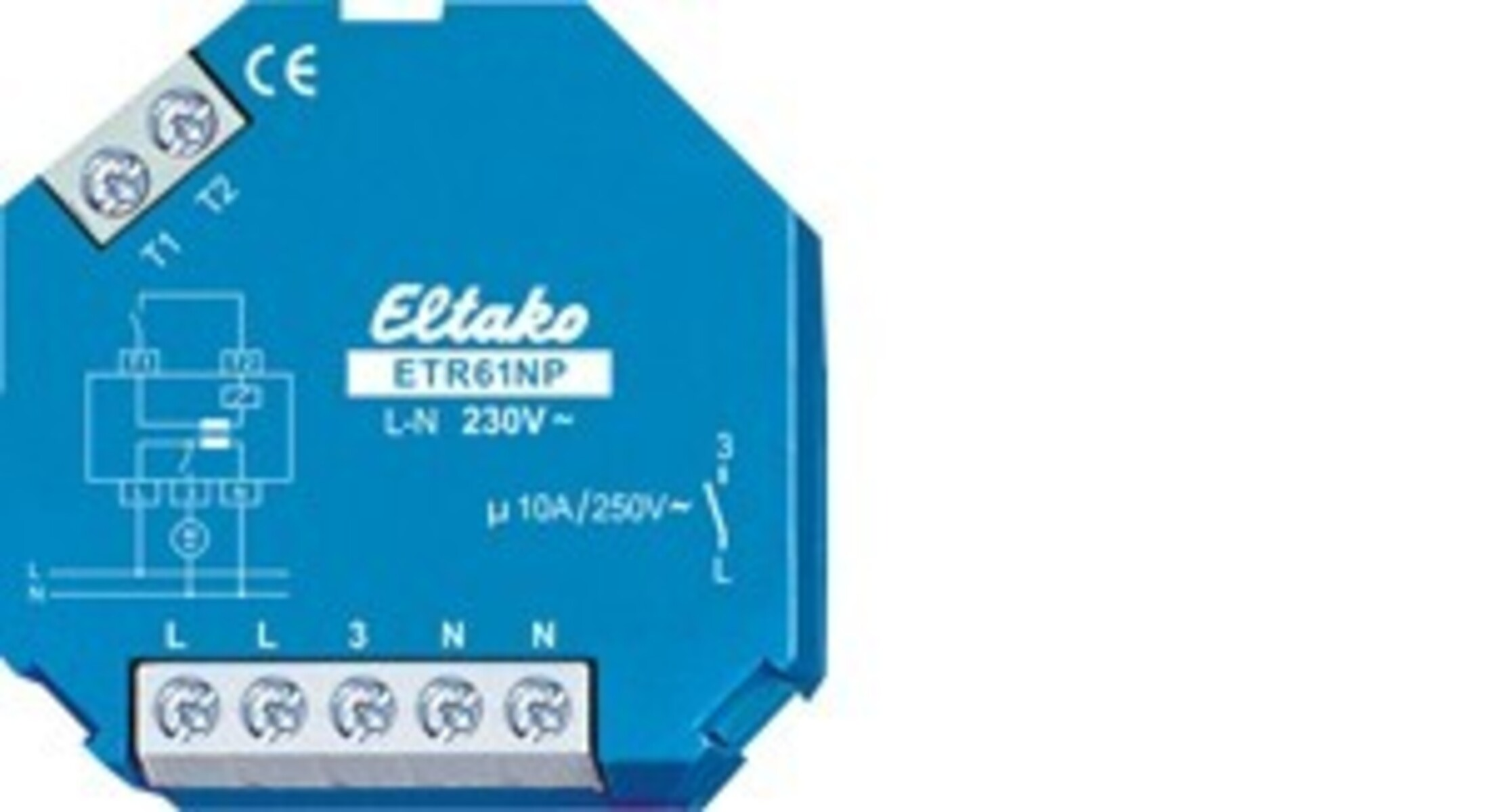 Relè blu Eltako ETR61NP con morsetti, schema e marchio CE.