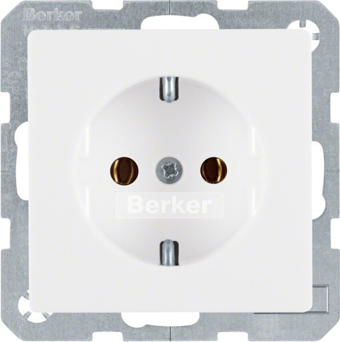 Una presa elettrica Berker bianca con cornice argentata e due fori rotondi.