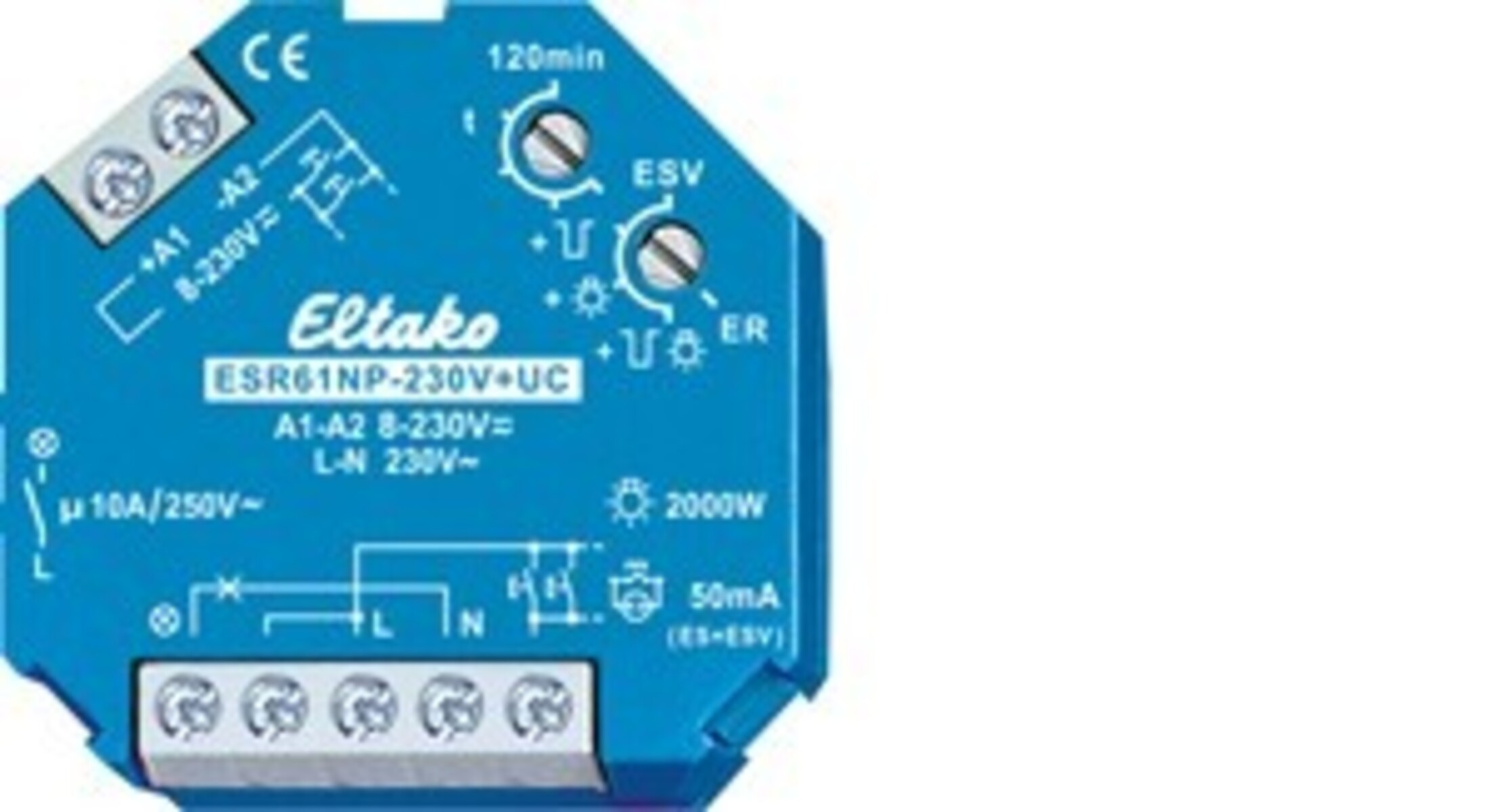 Relè temporizzatore Eltako ESR61NP blu con morsetti ed etichette.