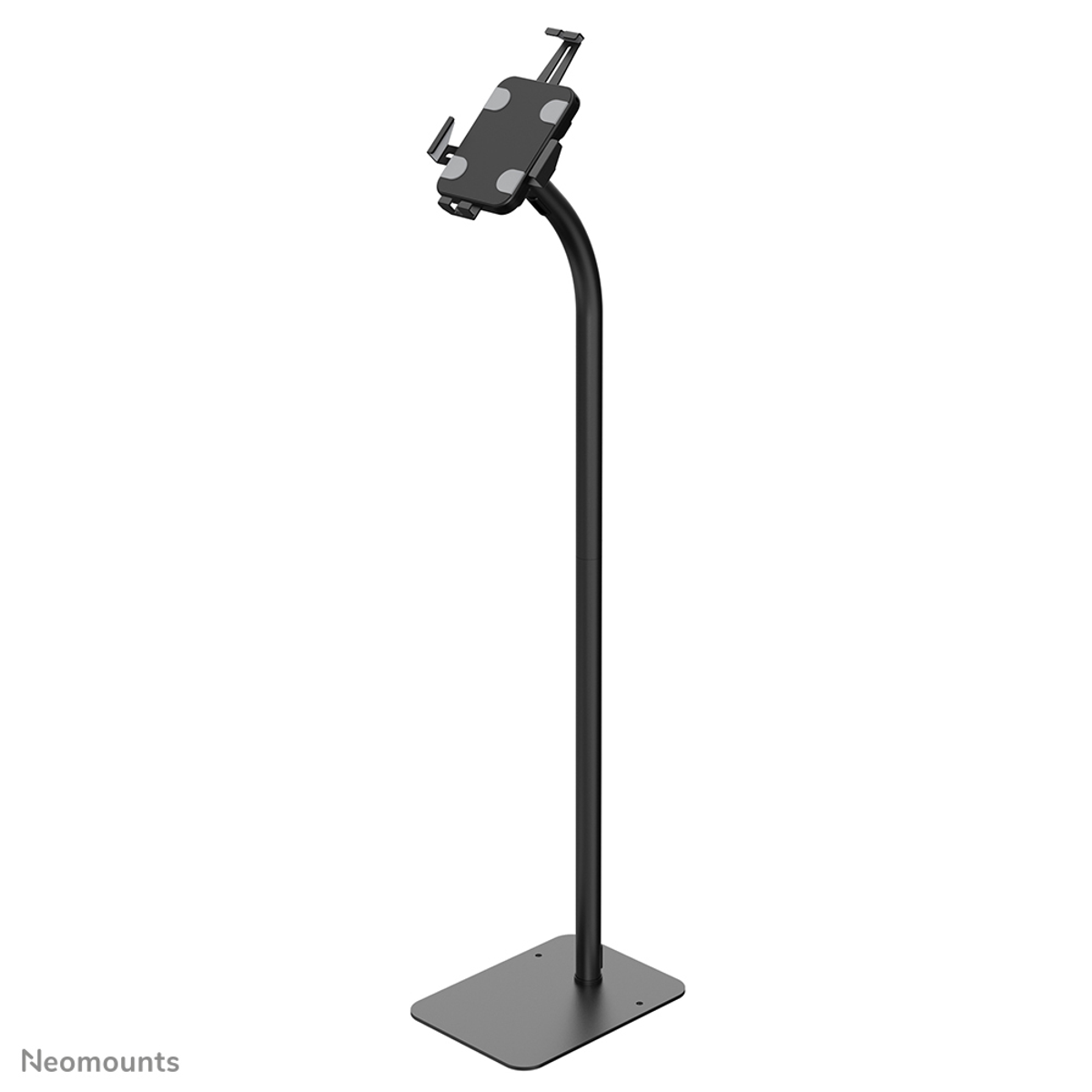 Support tablette noir avec pince réglable sur une base carrée. Design moderne.
