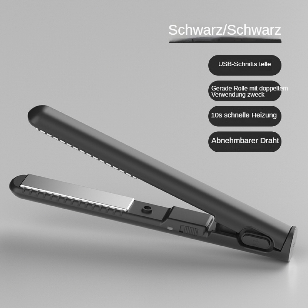 Schwarzer Haarglätter mit USB-Anschluss und abnehmbarem Kabel.