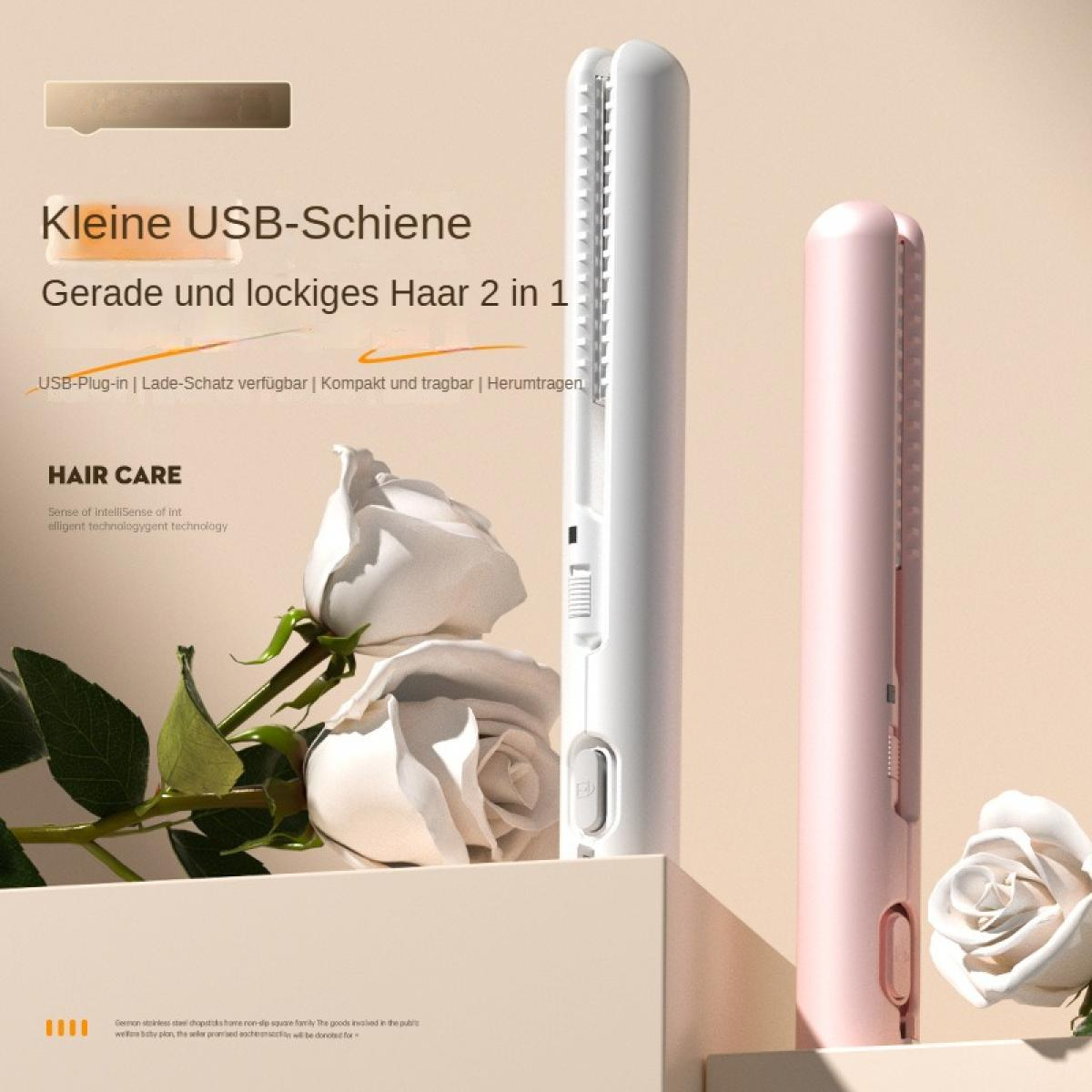 Zwei USB-Haarstylinge, weiß und rosa, neben weißen Rosen. Text auf Deutsch.