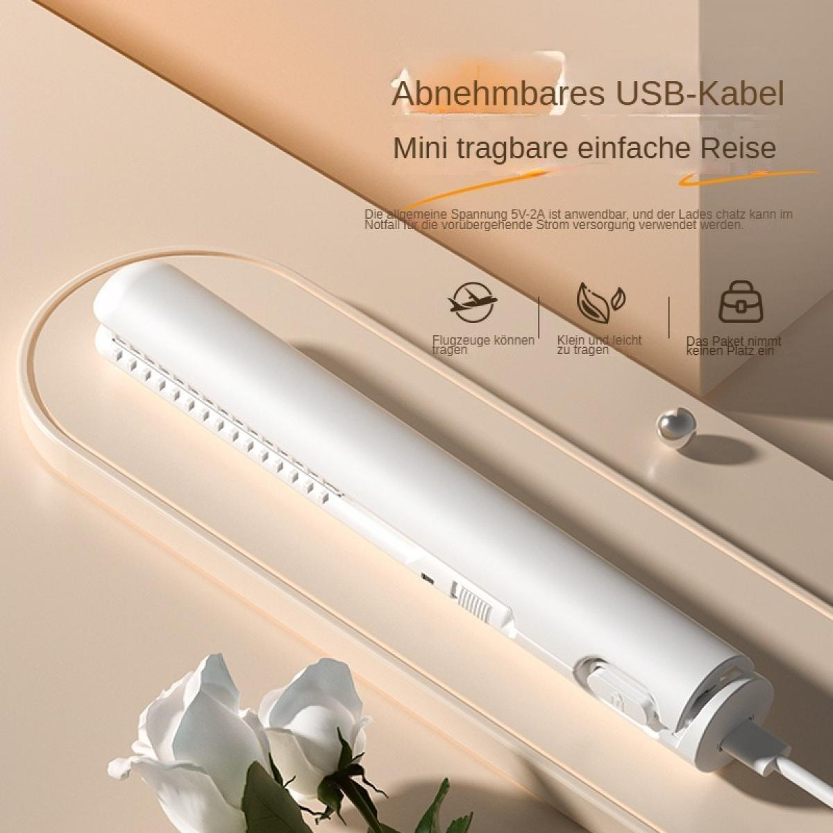 Weißer Mini-Haarglätter mit abnehmbarem USB-Kabel, reisefreundlich.
