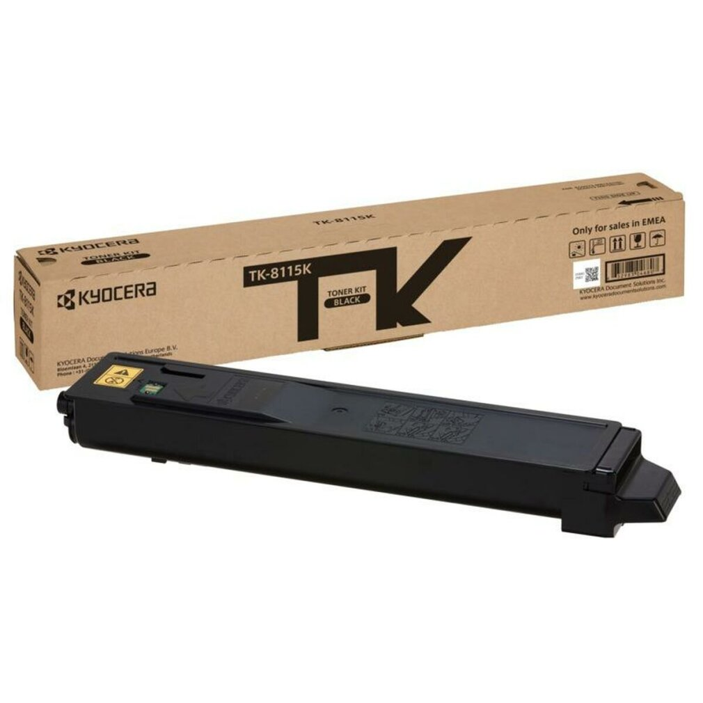 Czarny toner Kyocera TK-8115K jest pokazany obok kartonowego opakowania.