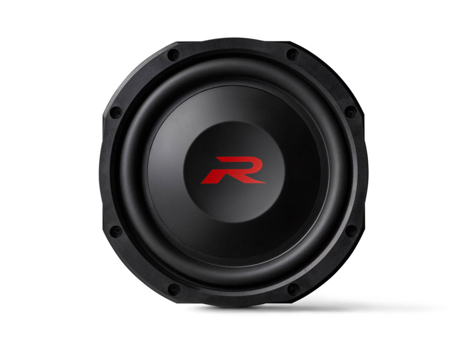 Schwarzer Subwoofer mit rotem "R"-Logo auf dem Konus, isoliert auf weißem Hintergrund.