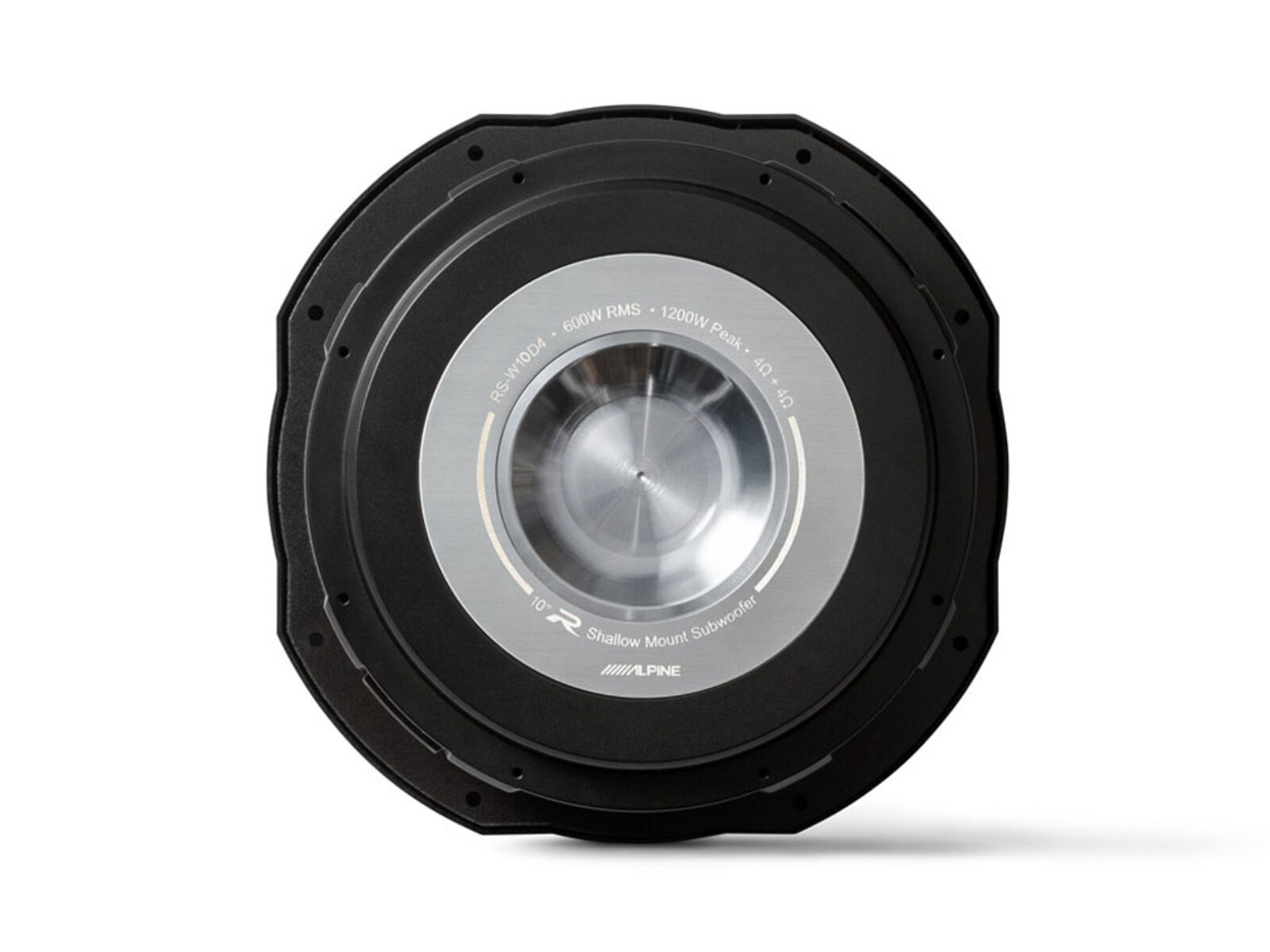 Schwarzer Alpine Subwoofer mit silbernem Kegel und Beschriftung.