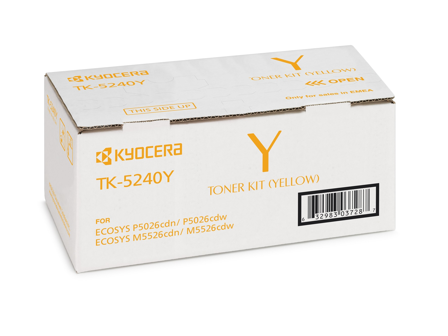 Scatola toner giallo Kyocera TK-5240Y. Il testo include modello, "This Side Up", "Open".