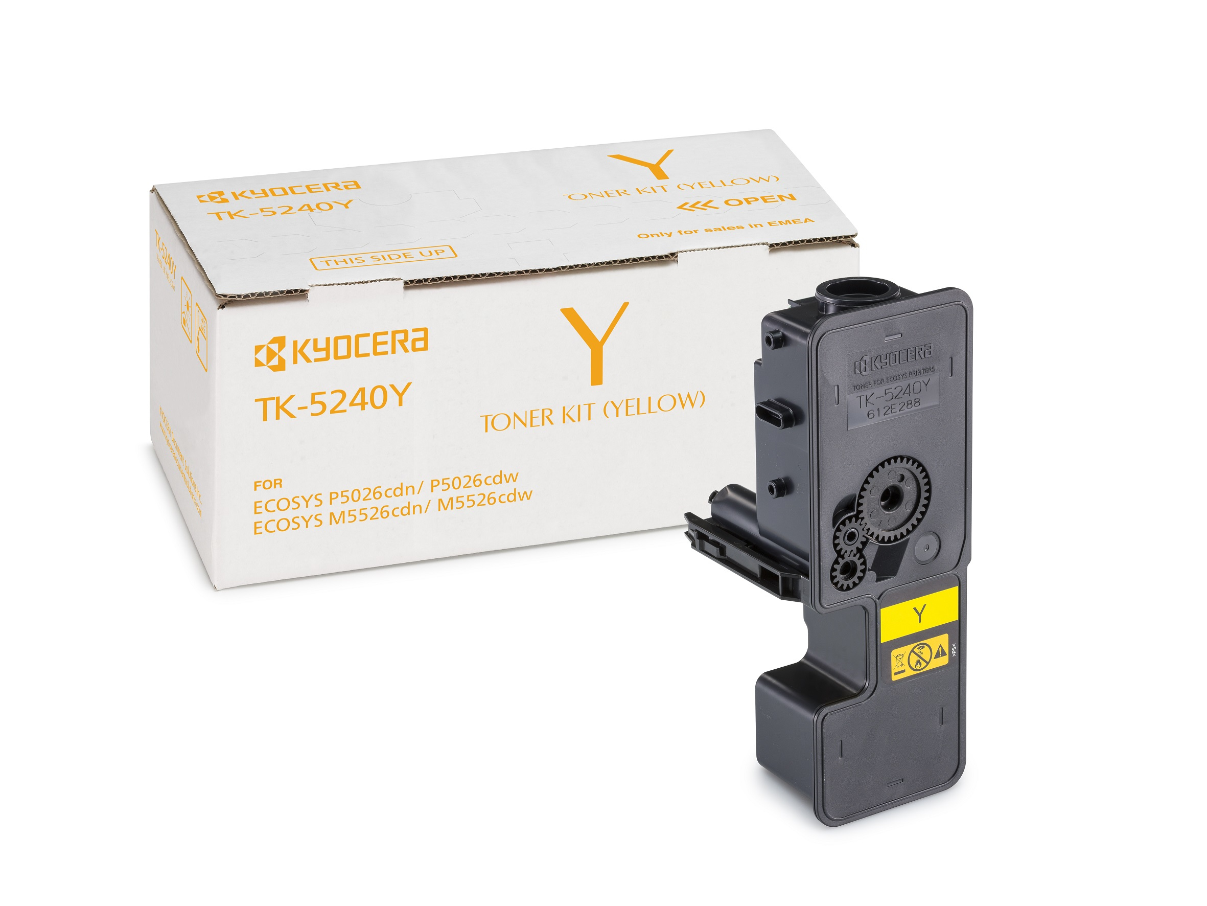 Toner giallo Kyocera TK-5240Y con scatola. Il toner è nero con accenti gialli.