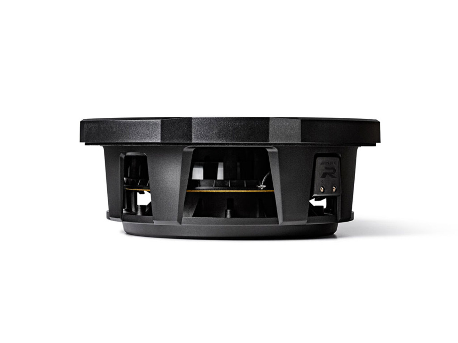 Schwarzer Subwoofer mit R-Logo und sichtbaren internen Komponenten.
