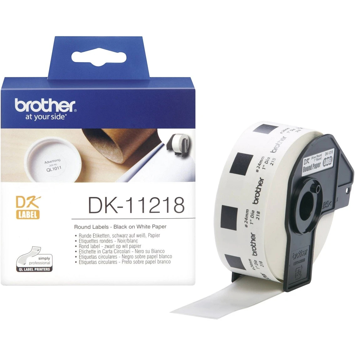 Etichette rotonde Brother DK-11218, nero su bianco, con confezione.