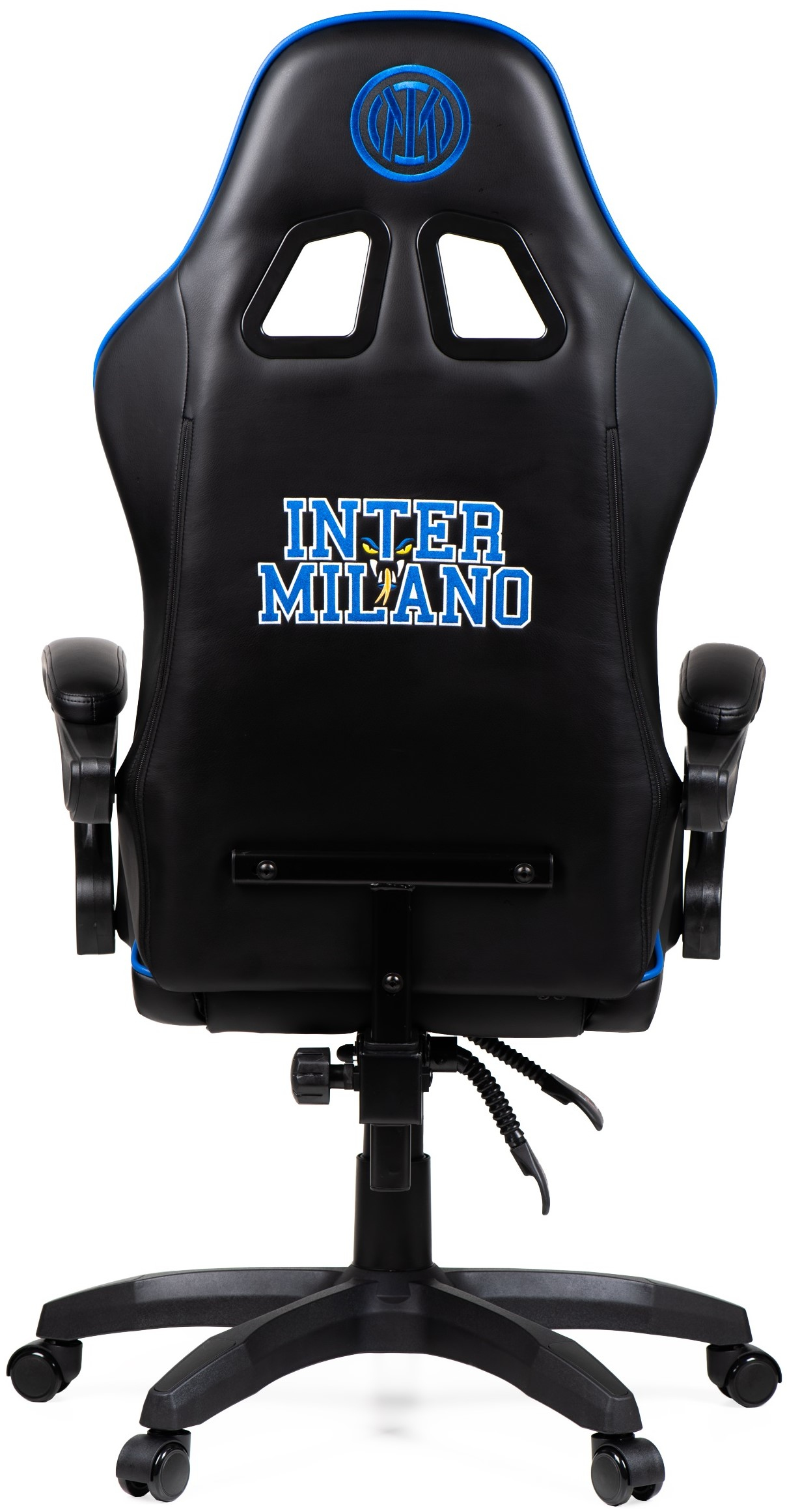 Sedia da gaming nera con finiture blu e logo Inter Milan.