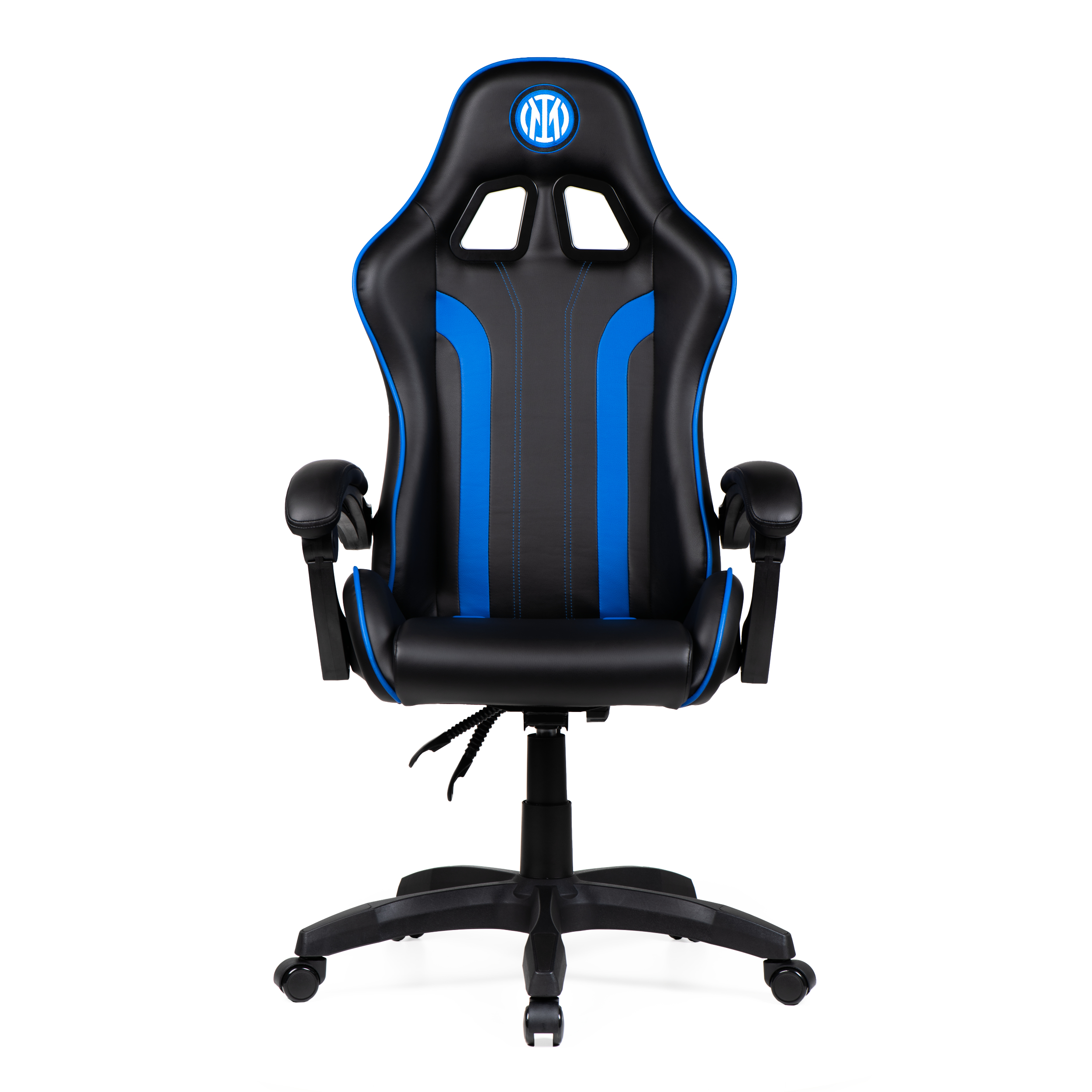 Una sedia da gaming nera con finiture e logo blu, su sfondo bianco.
