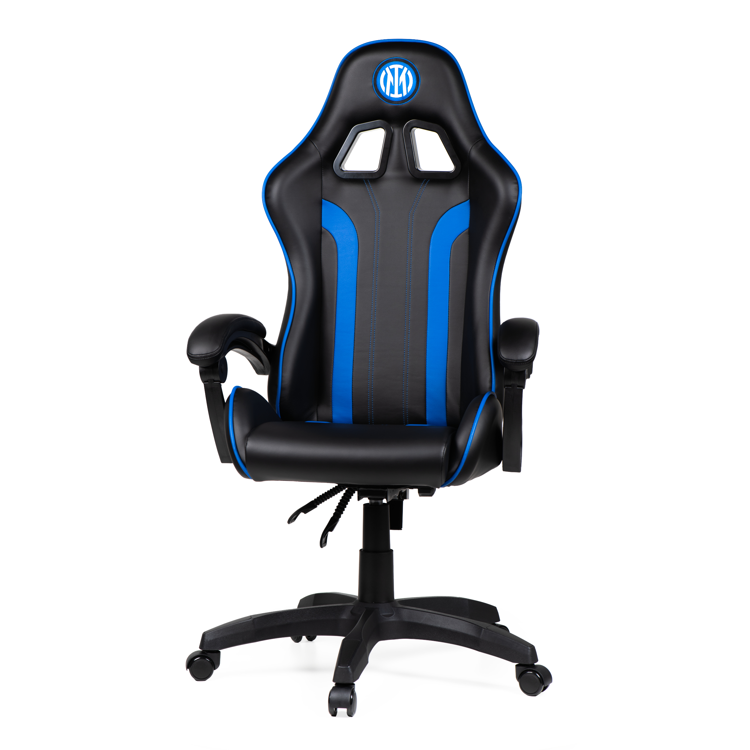 Una sedia da gaming nera e blu con il logo dell'Inter Milan sul poggiatesta.