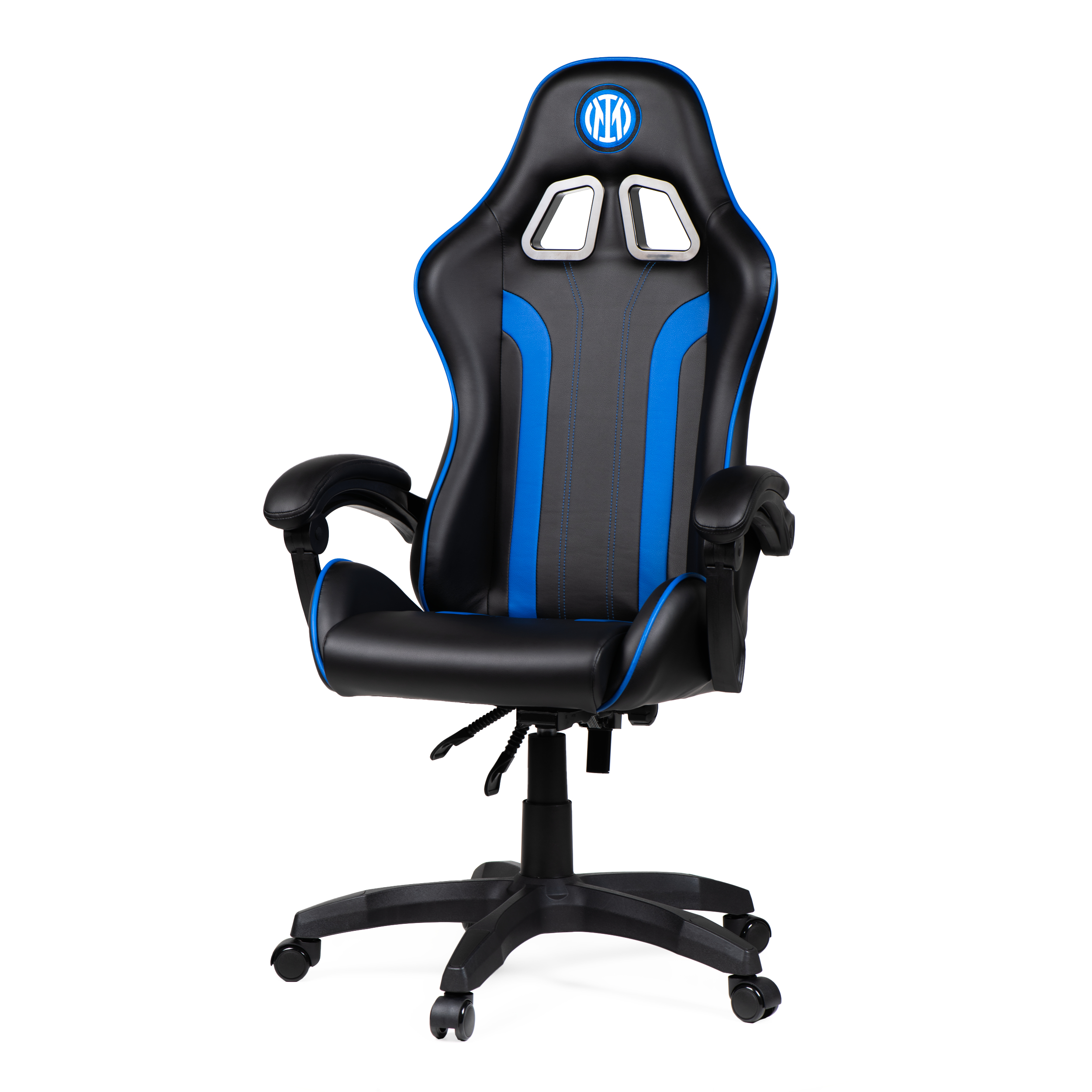 Una sedia da gaming nera con accenti blu e logo Inter.