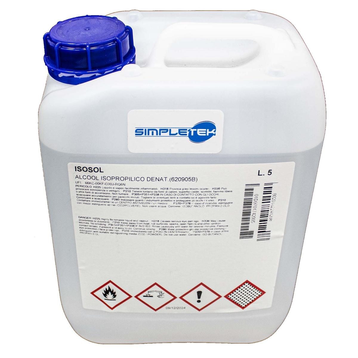 Un flacone bianco con tappo blu, contenente alcol isopropilico denaturato.