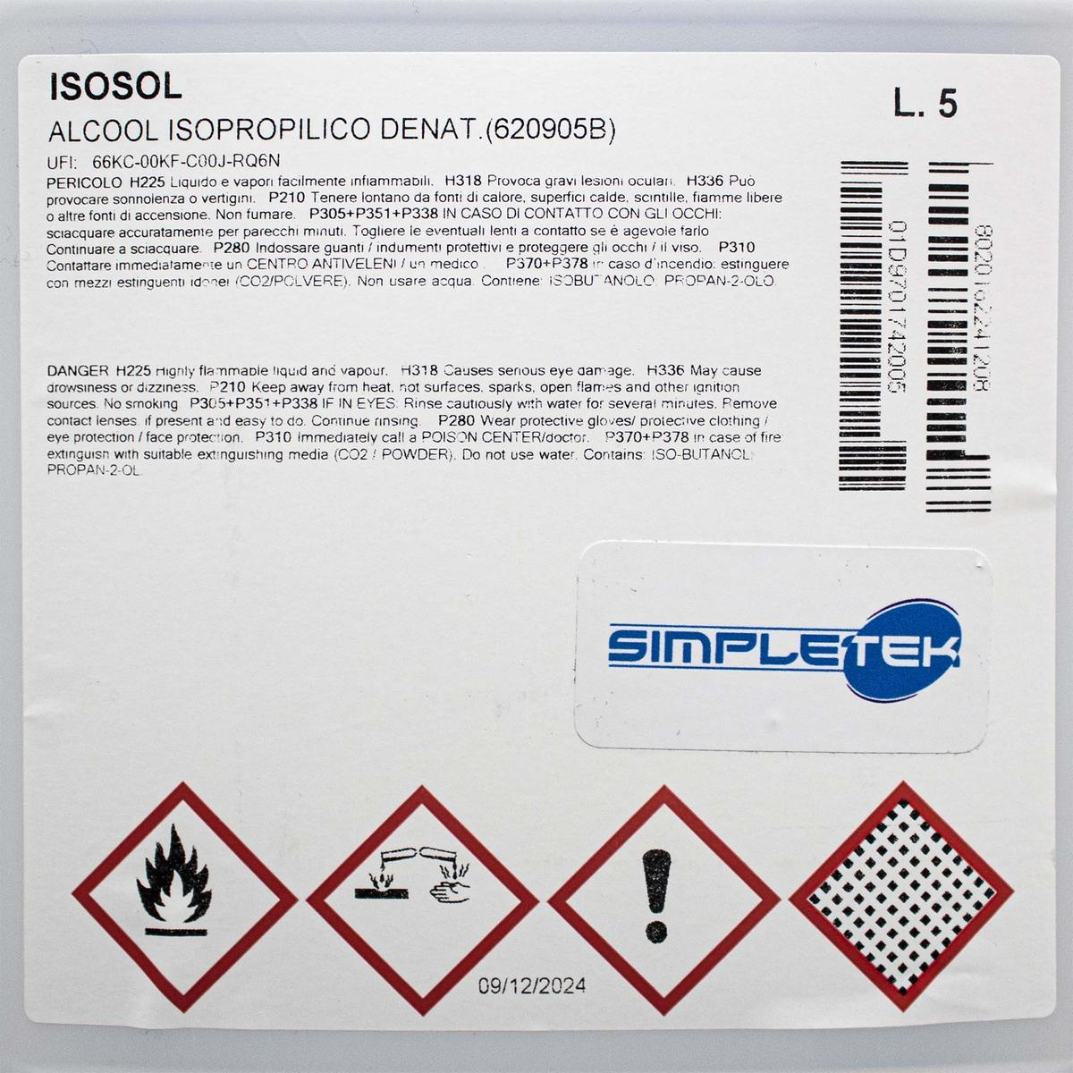 Etichetta con simboli di pericolo: Infiammabile, irritazione oculare, sonnolenza. Isopropanolo.