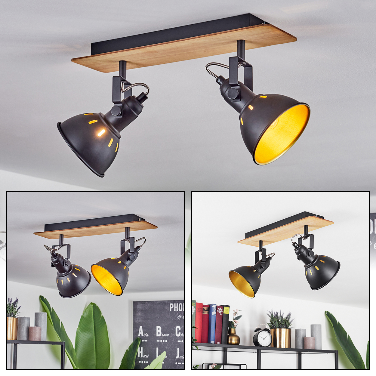Deckenleuchte mit Holzplatte, zwei schwarzen Lampen mit goldenem Innenleben.