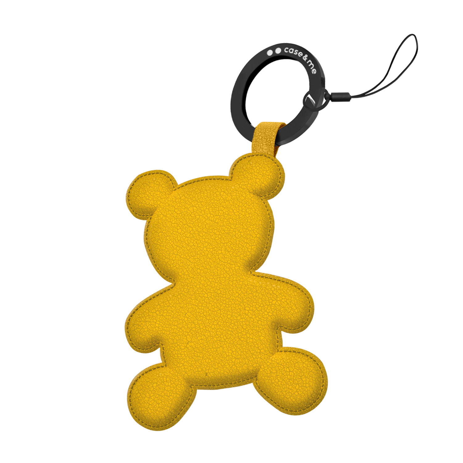 Un ciondolo a forma di orsacchiotto giallo con anello nero e cordino.