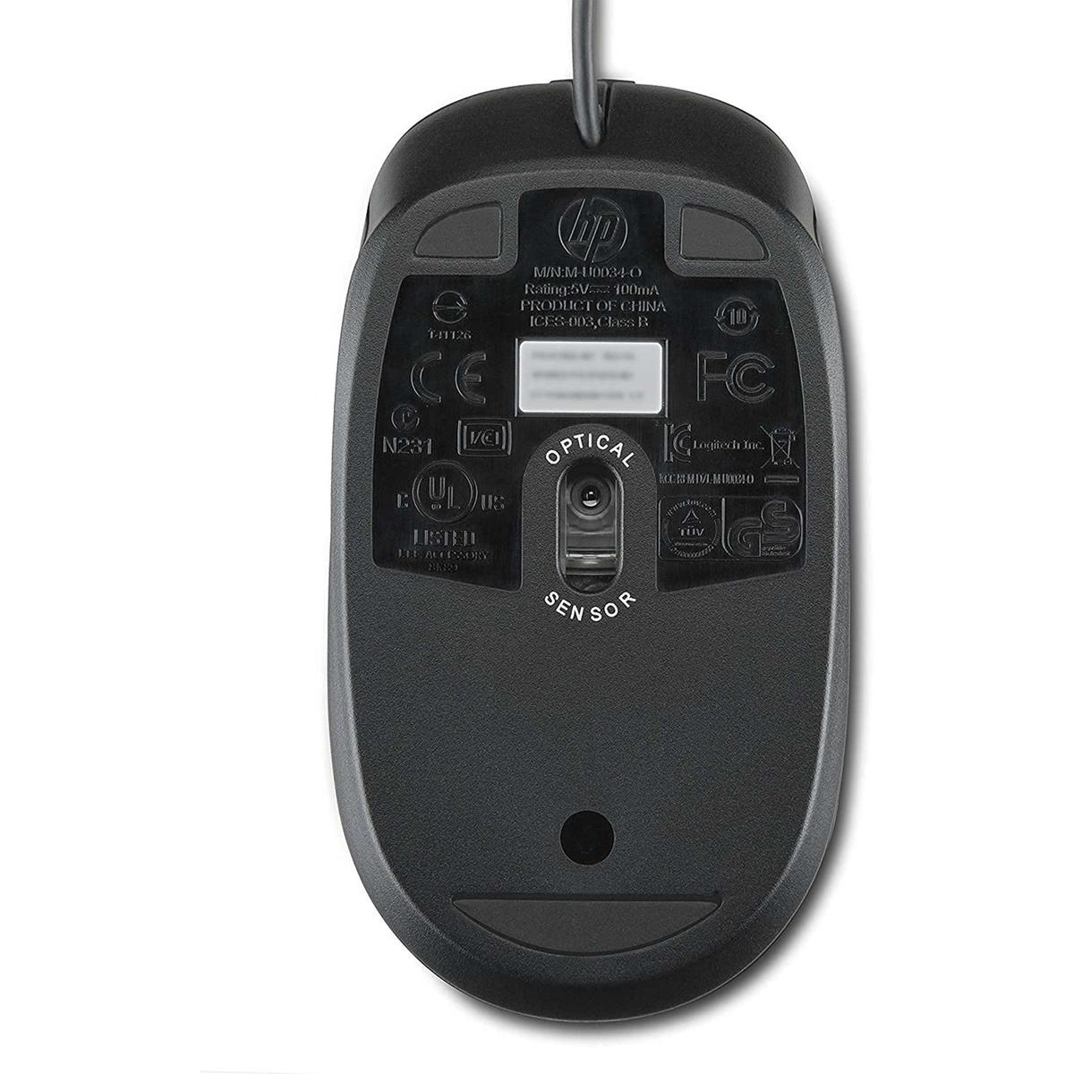 Parte inferiore di un mouse ottico HP nero che mostra numero di modello, valutazioni e marchi di certificazione.