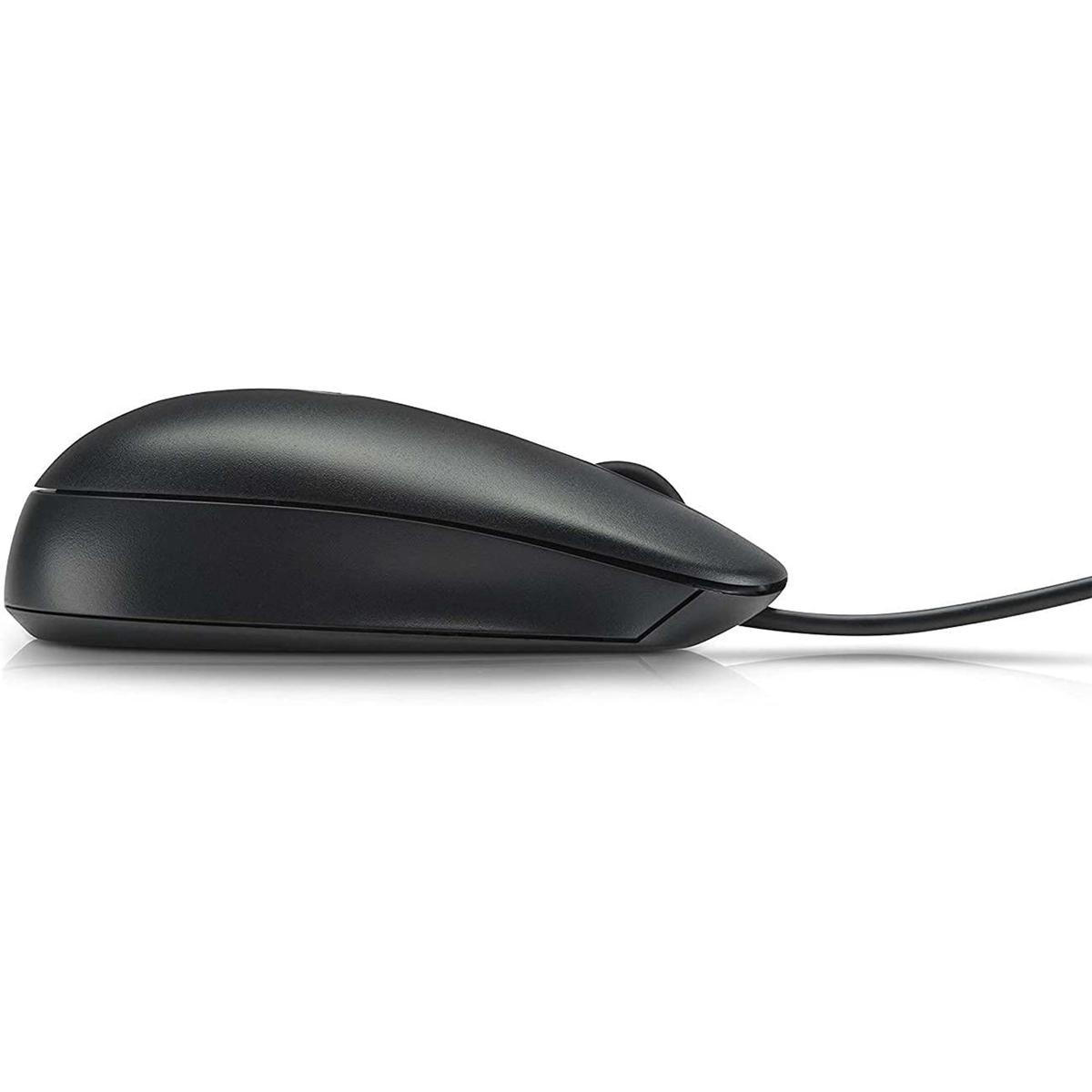 Un mouse per computer nero con cavo su sfondo bianco.