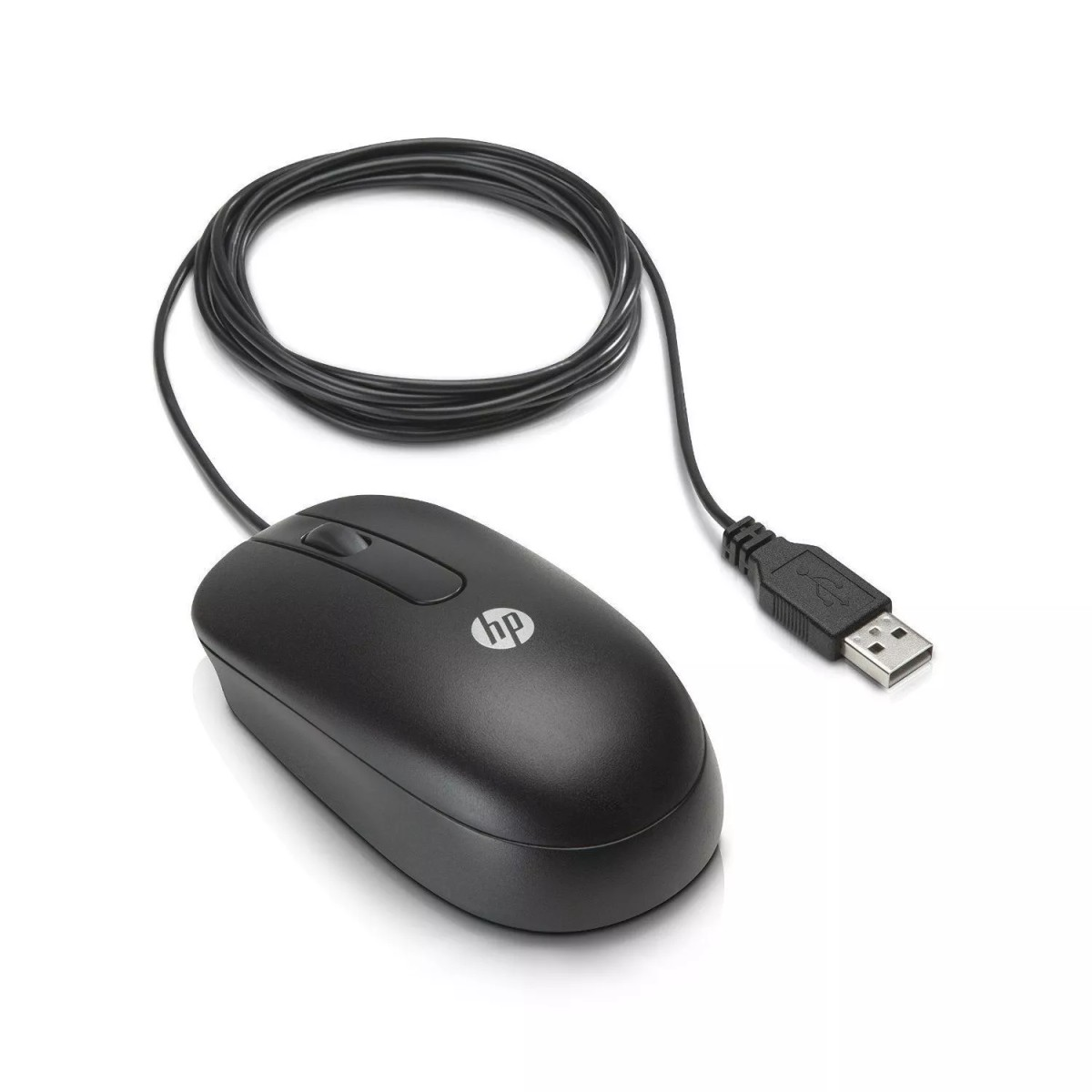 Mouse USB cablato HP nero con rotellina su sfondo bianco.