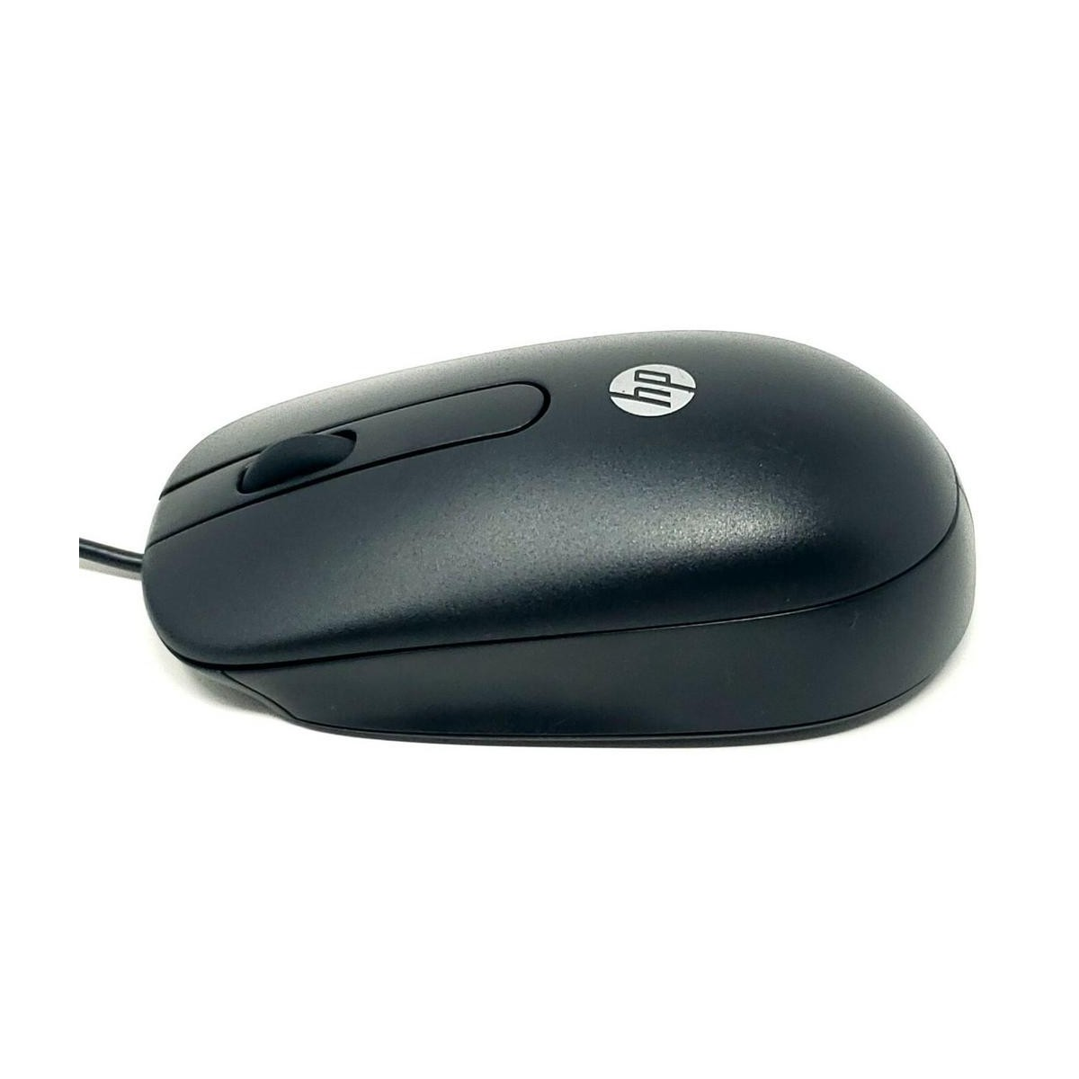 Un mouse HP nero con cavo, su sfondo bianco.