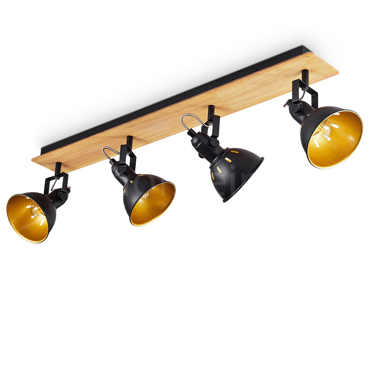 Ein Holzbrett mit vier verstellbaren schwarzen Strahlern mit goldenem Inneren, montiert auf weißem Hintergrund.