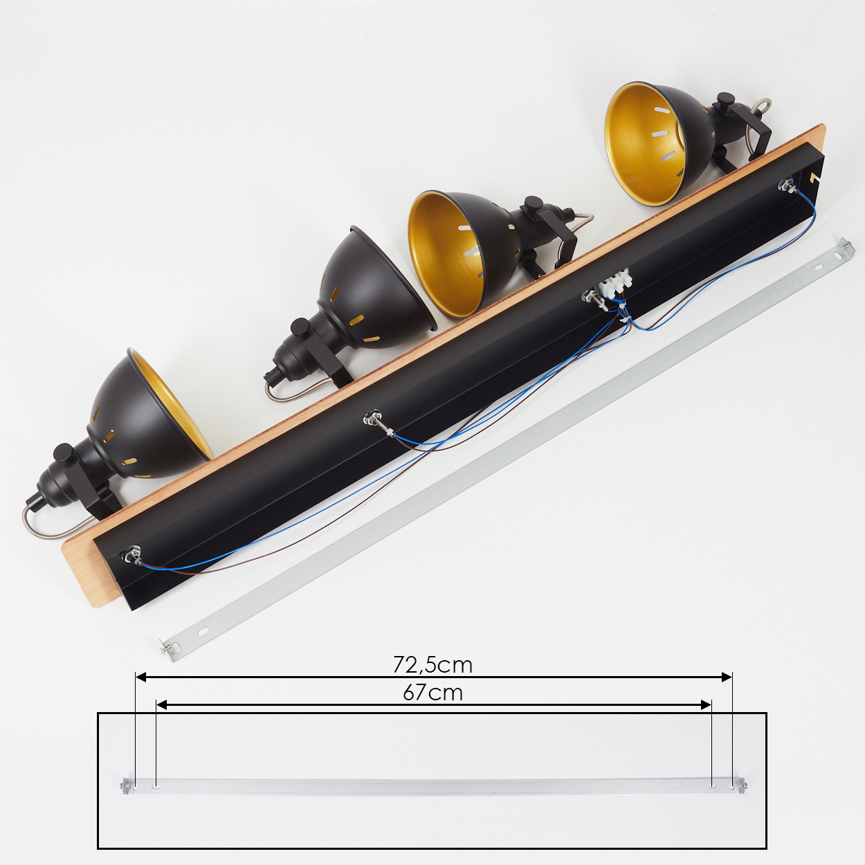 Schwarz-goldene Schienenleuchte mit Holzakzent, Einzelteile und Metallbügel.