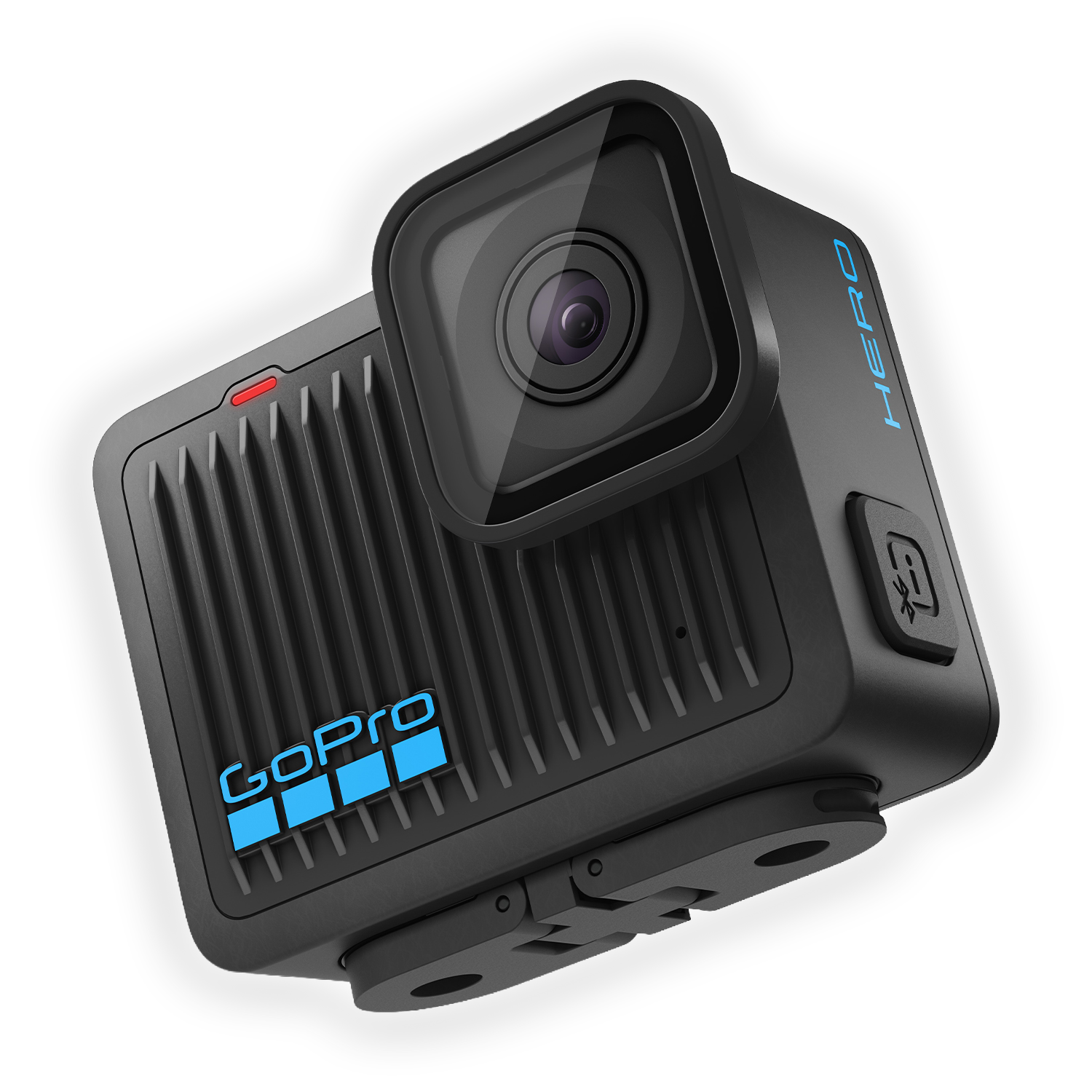 Una fotocamera GoPro Hero nera con logo blu e luce rossa in cima.