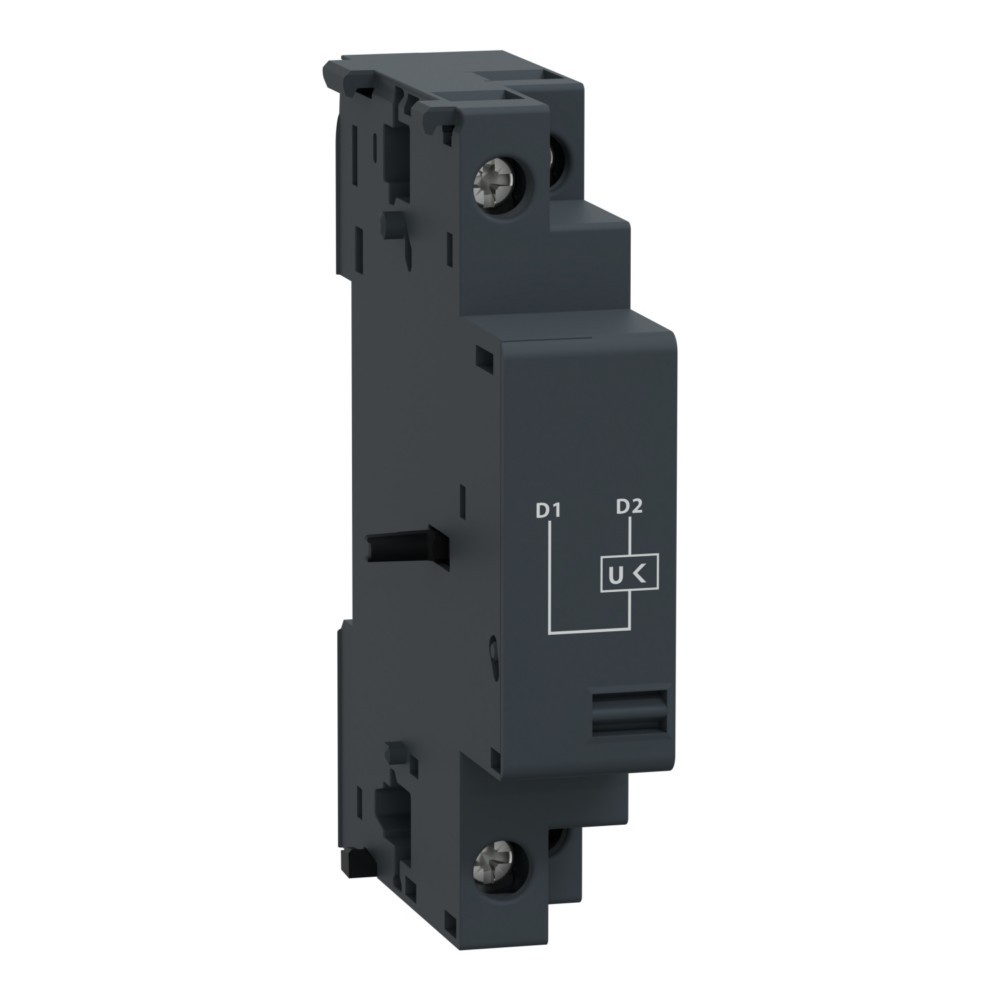 Un componente elettrico grigio scuro con marchi D1, D2 e U<lt/>.