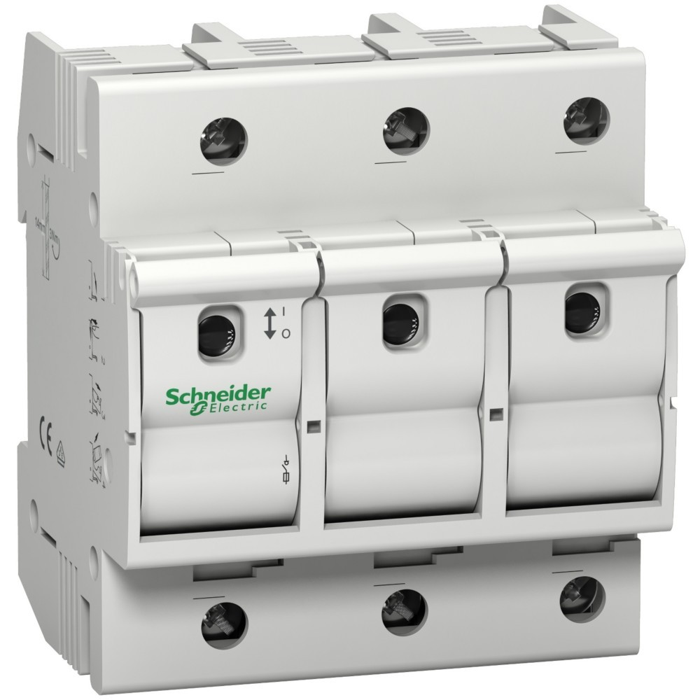 Un portafusibile bianco Schneider Electric a tre poli con leve nere e morsetti a vite.